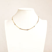 CZ Diamond Station Necklace In 14K Yellow Gold, Bezel Strand Serpentine Chain, Estate Jewelry, 16 1/2" L