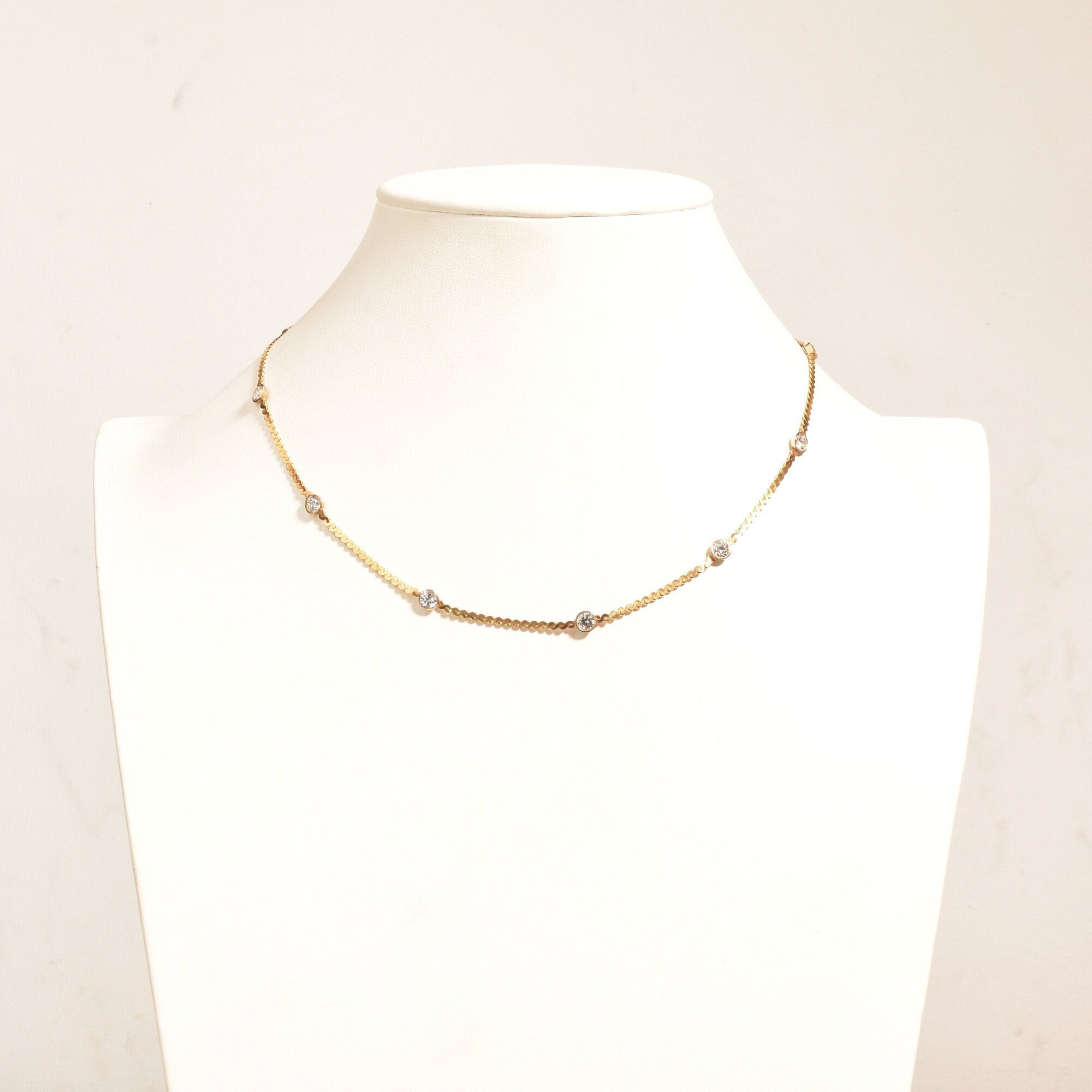 CZ Diamond Station Necklace In 14K Yellow Gold, Bezel Strand Serpentine Chain, Estate Jewelry, 16 1/2" L