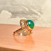 Chrysoprase Bombe Ring In 14K Yellow Gold, Ornate Filigree Designs, Vintage Cocktail Ring, Size 7 US