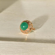Chrysoprase Bombe Ring In 14K Yellow Gold, Ornate Filigree Designs, Vintage Cocktail Ring, Size 7 US