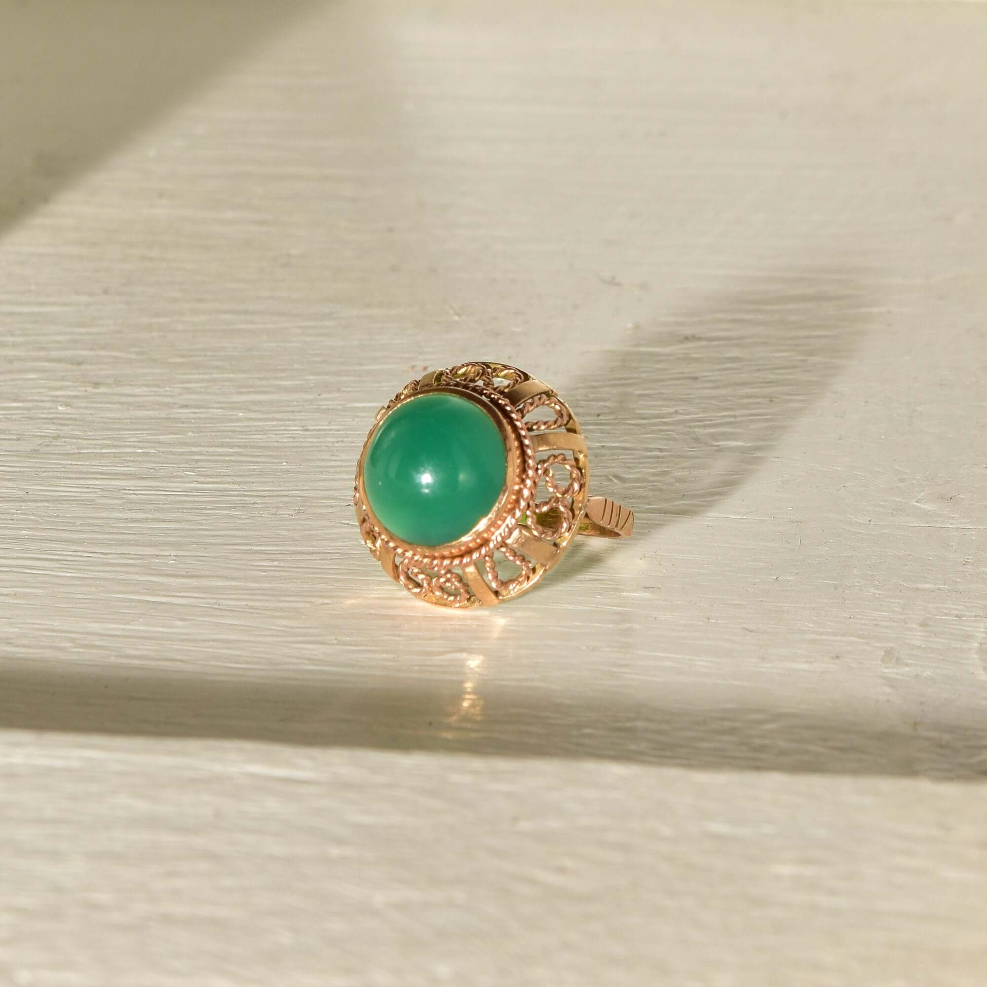 Chrysoprase Bombe Ring In 14K Yellow Gold, Ornate Filigree Designs, Vintage Cocktail Ring, Size 7 US