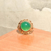 Chrysoprase Bombe Ring In 14K Yellow Gold, Ornate Filigree Designs, Vintage Cocktail Ring, Size 7 US