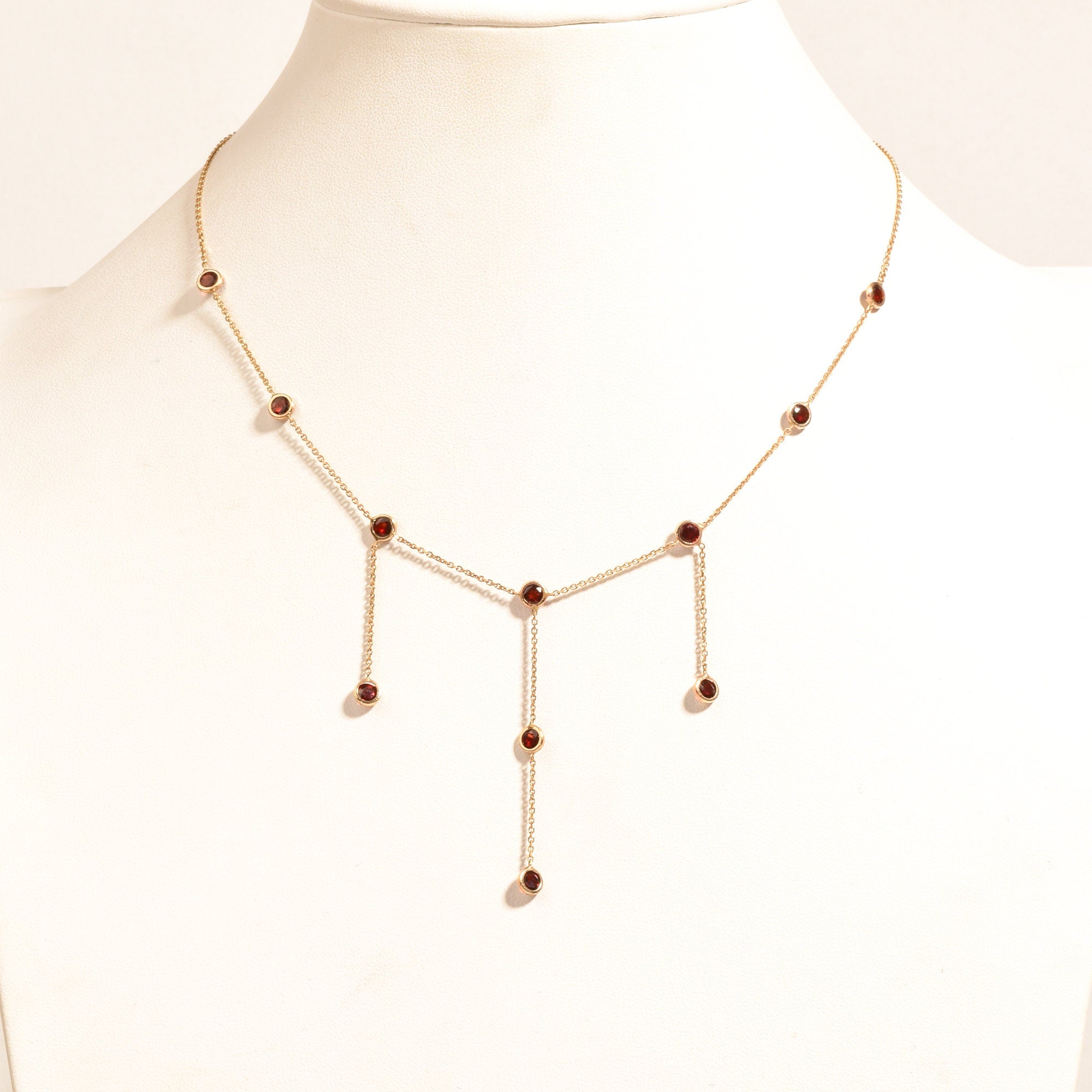 Elegant 14K Garnet Station 3-Tassel Choker Necklace, Minimalist Bezel-Set Drop Necklace, Ladies Gold Chain, 16" L