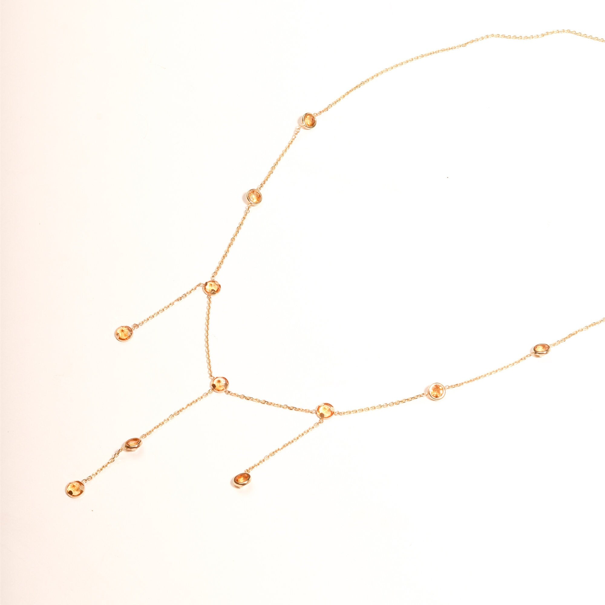 Elegant 14K Citrine Station 3-Tassel Choker Necklace, Minimalist Bezel-Set Drop Necklace, Ladies Gold Chain, 16" L