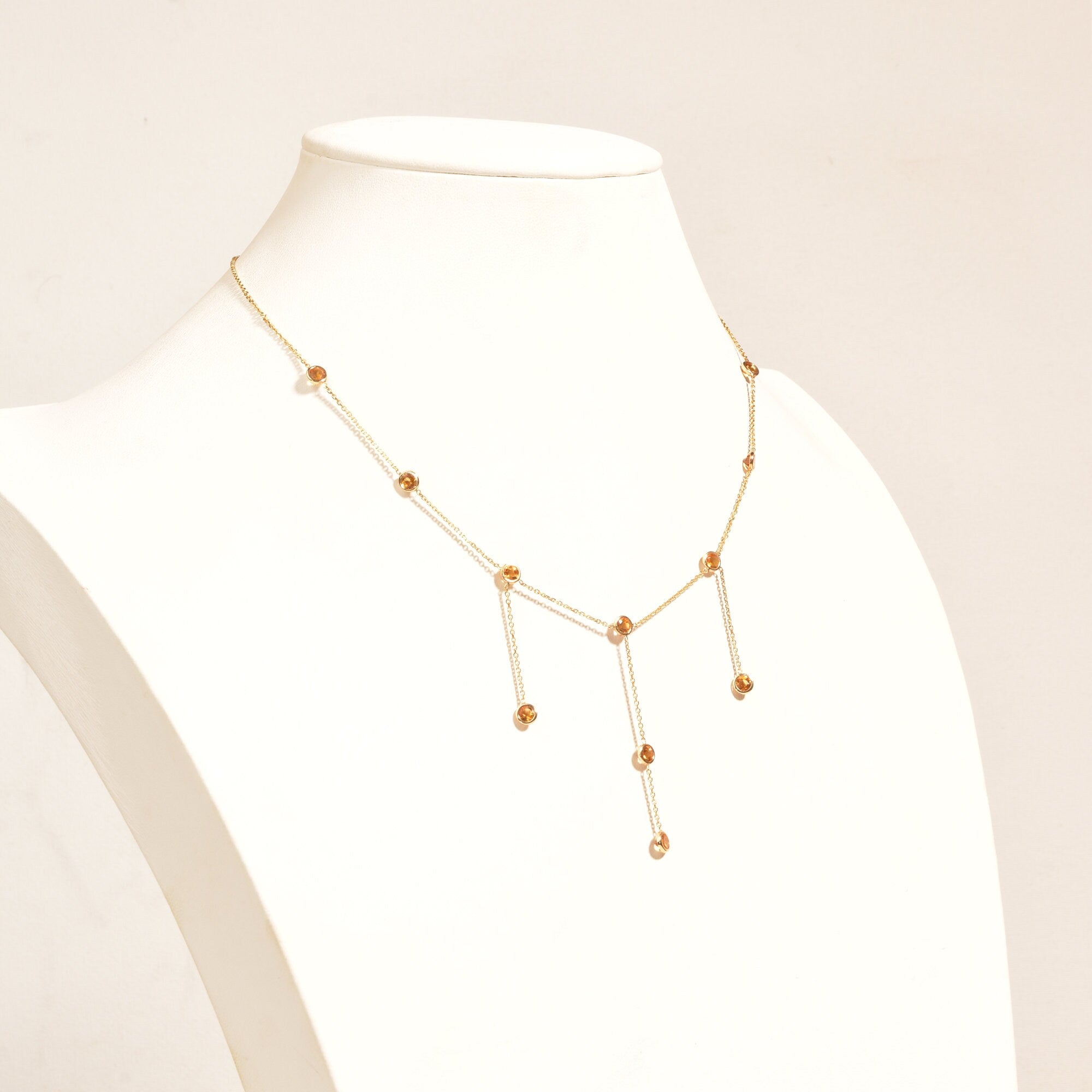 Elegant 14K Citrine Station 3-Tassel Choker Necklace, Minimalist Bezel-Set Drop Necklace, Ladies Gold Chain, 16" L