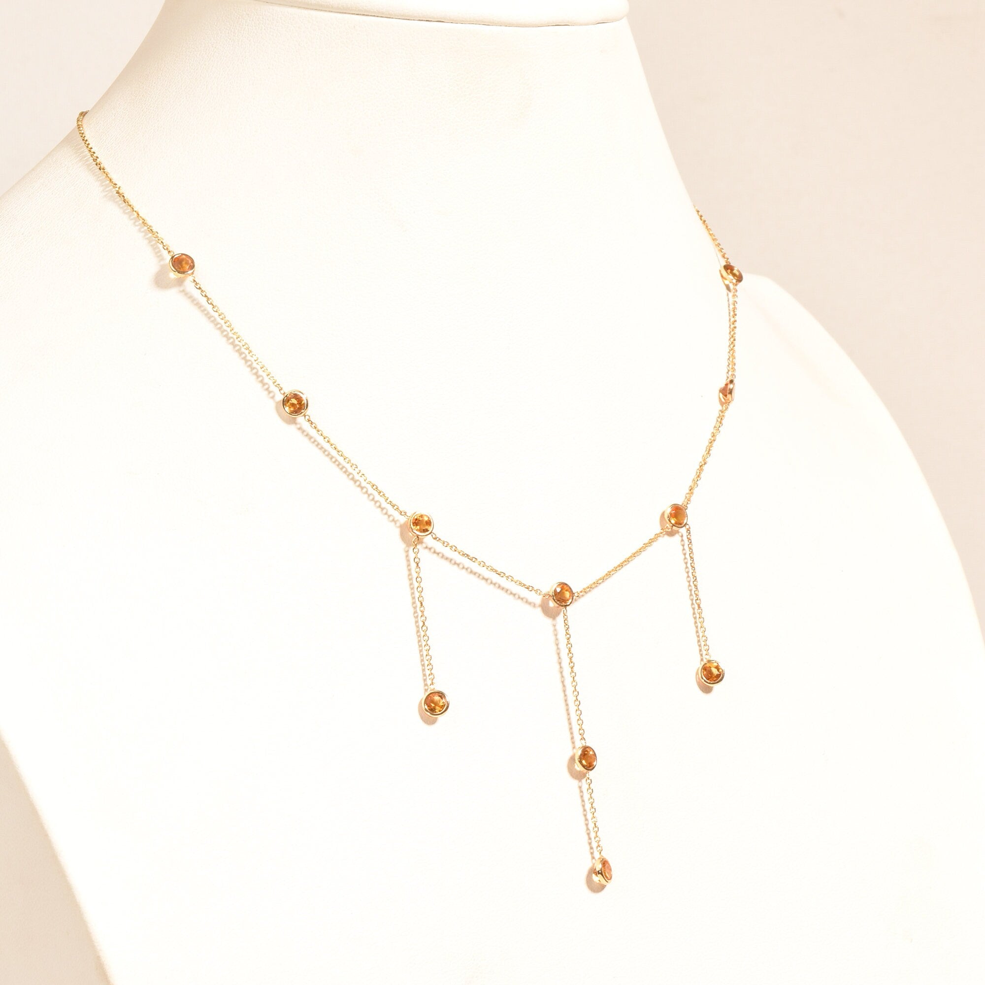 Elegant 14K Citrine Station 3-Tassel Choker Necklace, Minimalist Bezel-Set Drop Necklace, Ladies Gold Chain, 16" L