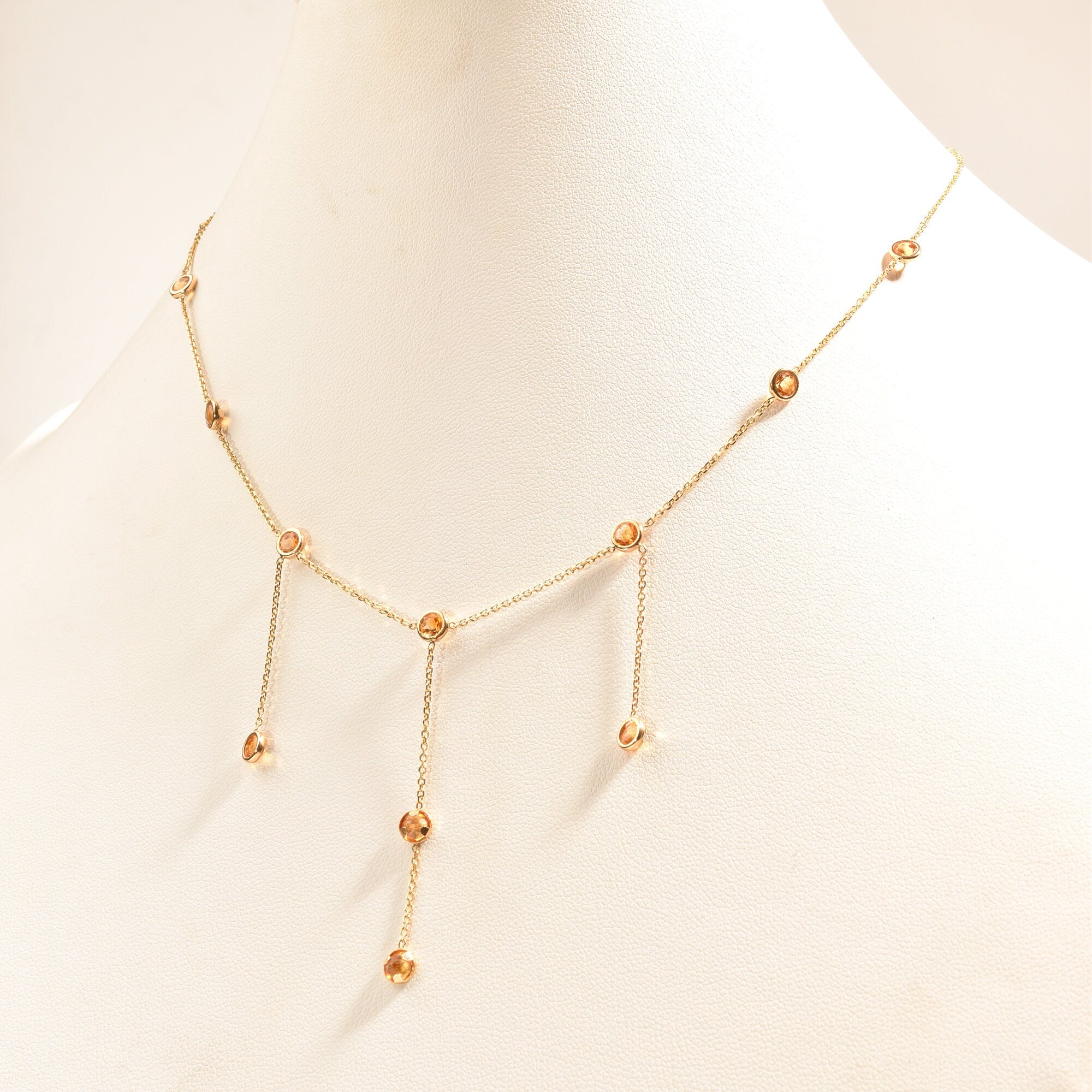 Elegant 14K Citrine Station 3-Tassel Choker Necklace, Minimalist Bezel-Set Drop Necklace, Ladies Gold Chain, 16" L