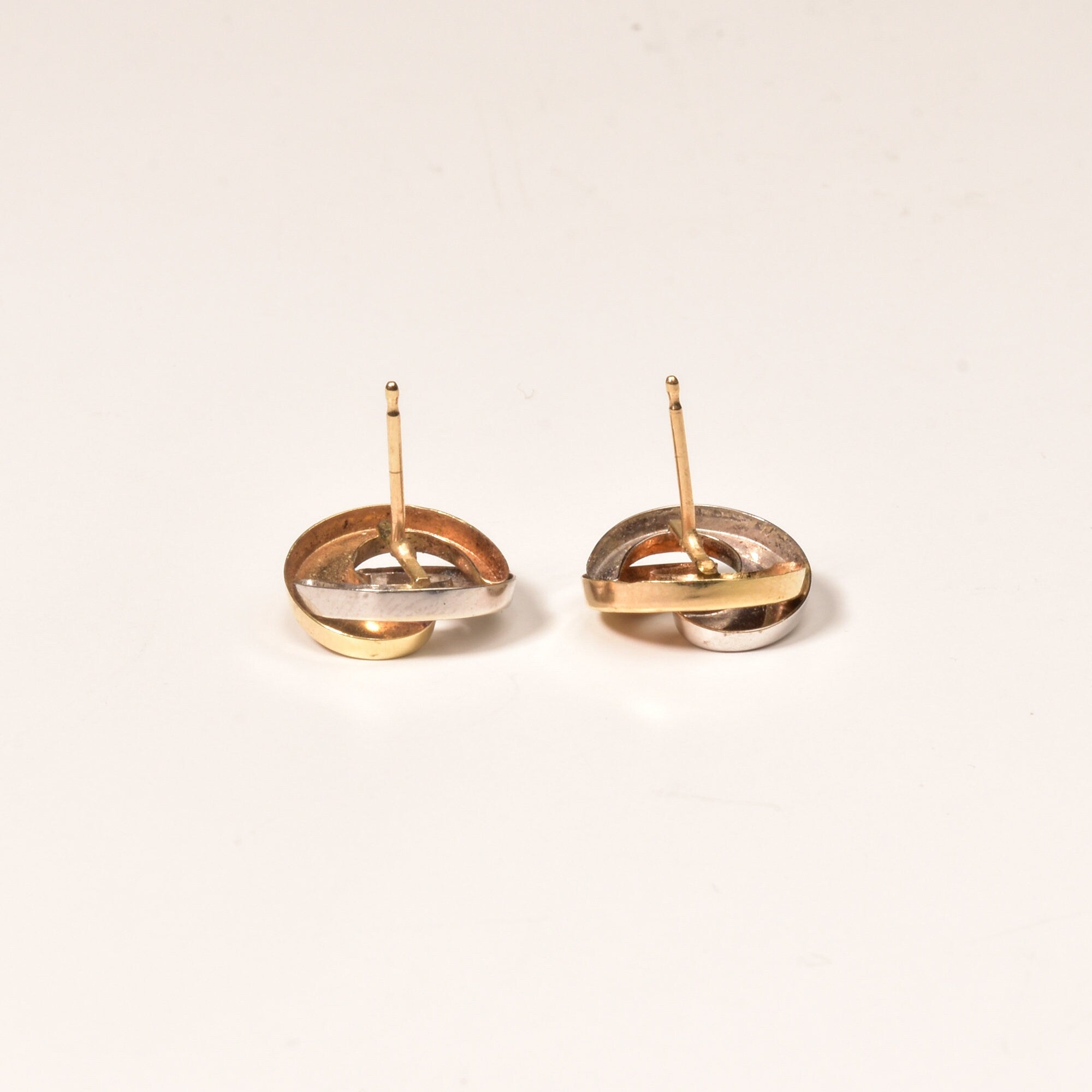 Modernist 14K Two-Tone Gold Swirl Button Studs, Small Circle Stud Earrings, Estate Jewelry, 12.5mm
