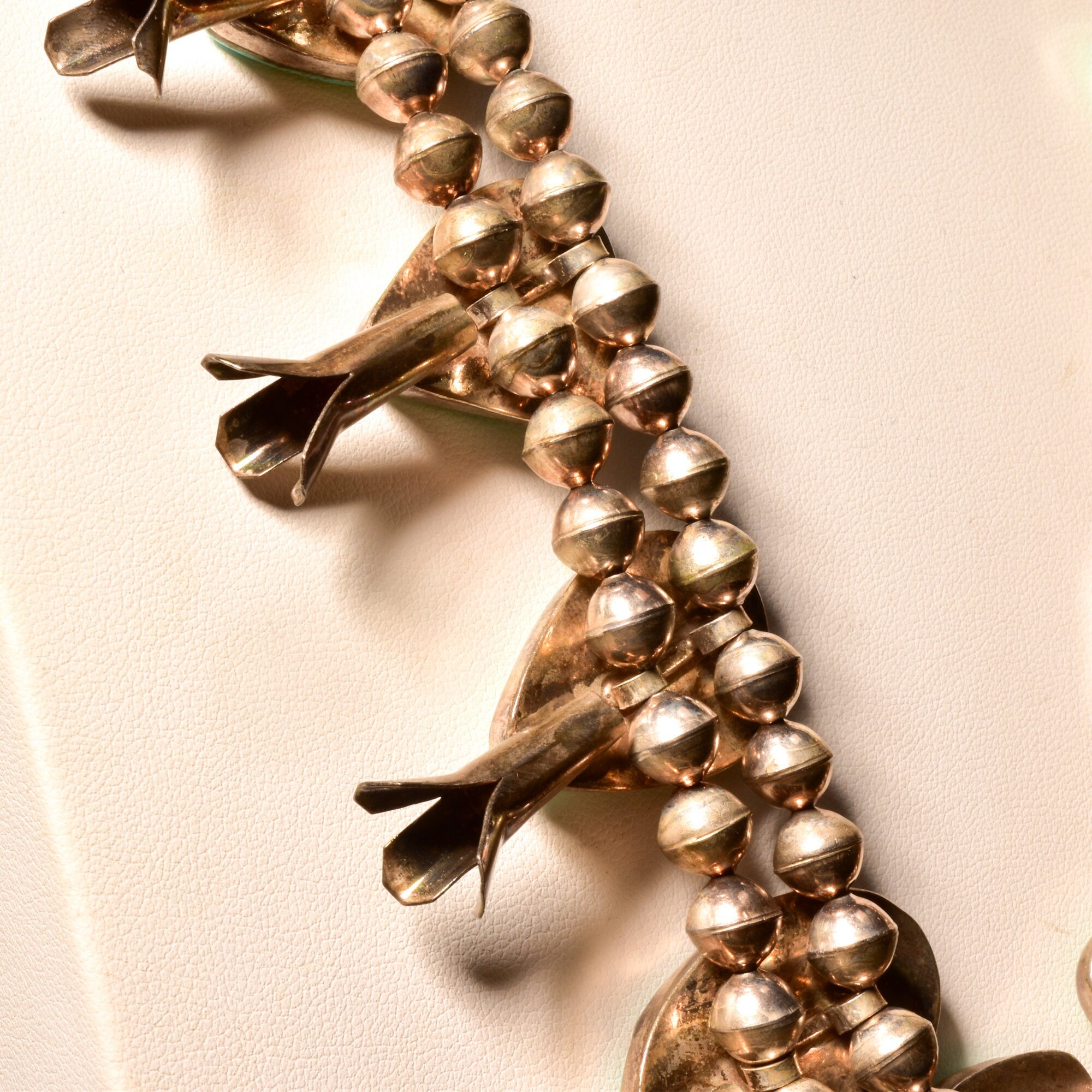 Signed Tony Garcia Native American Turquoise Squash Blossom Necklace, Navajo Pearls, Old Pawn Jewelry, 28 1/2" L