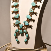 Signed Tony Garcia Native American Turquoise Squash Blossom Necklace, Navajo Pearls, Old Pawn Jewelry, 28 1/2" L