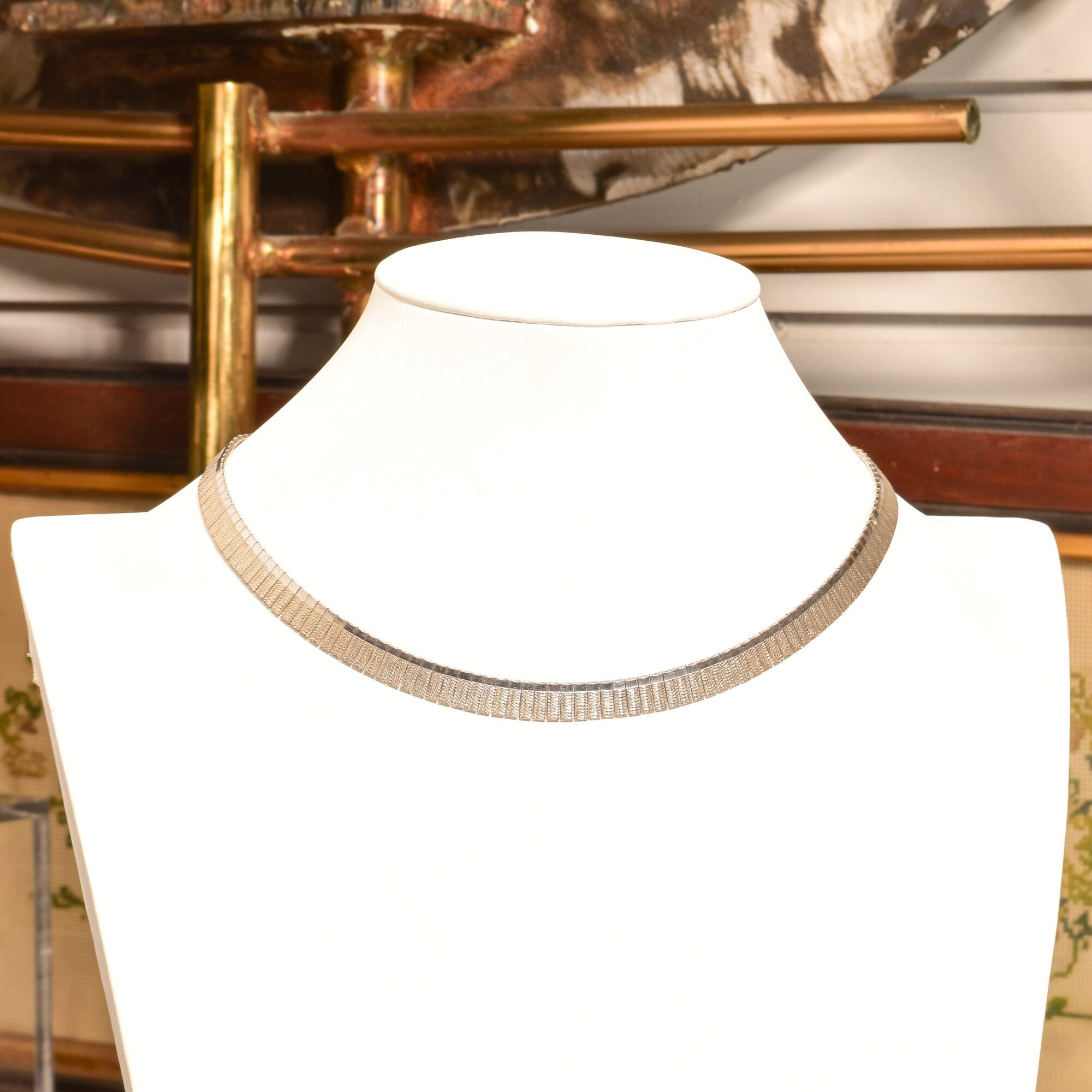 Modernist Italian Sterling Silver Fringe Collar Necklace, Textured Design, Cleopatra Style, 925 Italy, 16" L