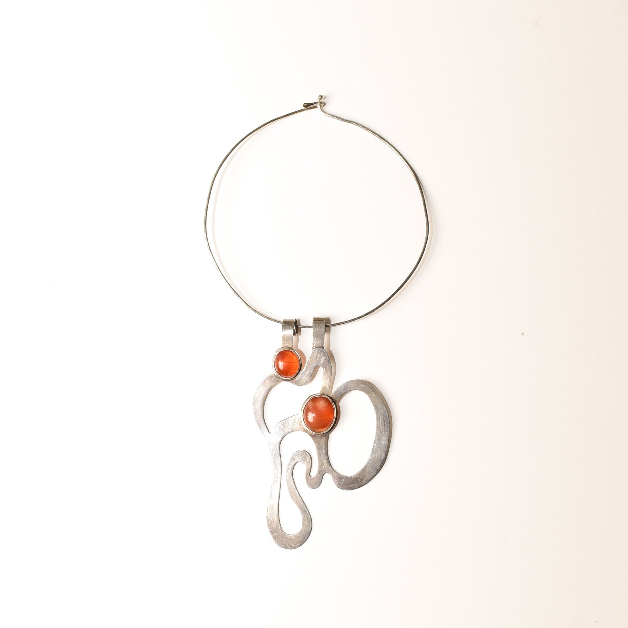 Abstract Modernist Sterling Silver Amber Pendant Collar Necklace, Large Cutout Pendant, Flex Wire Collar, 14" L
