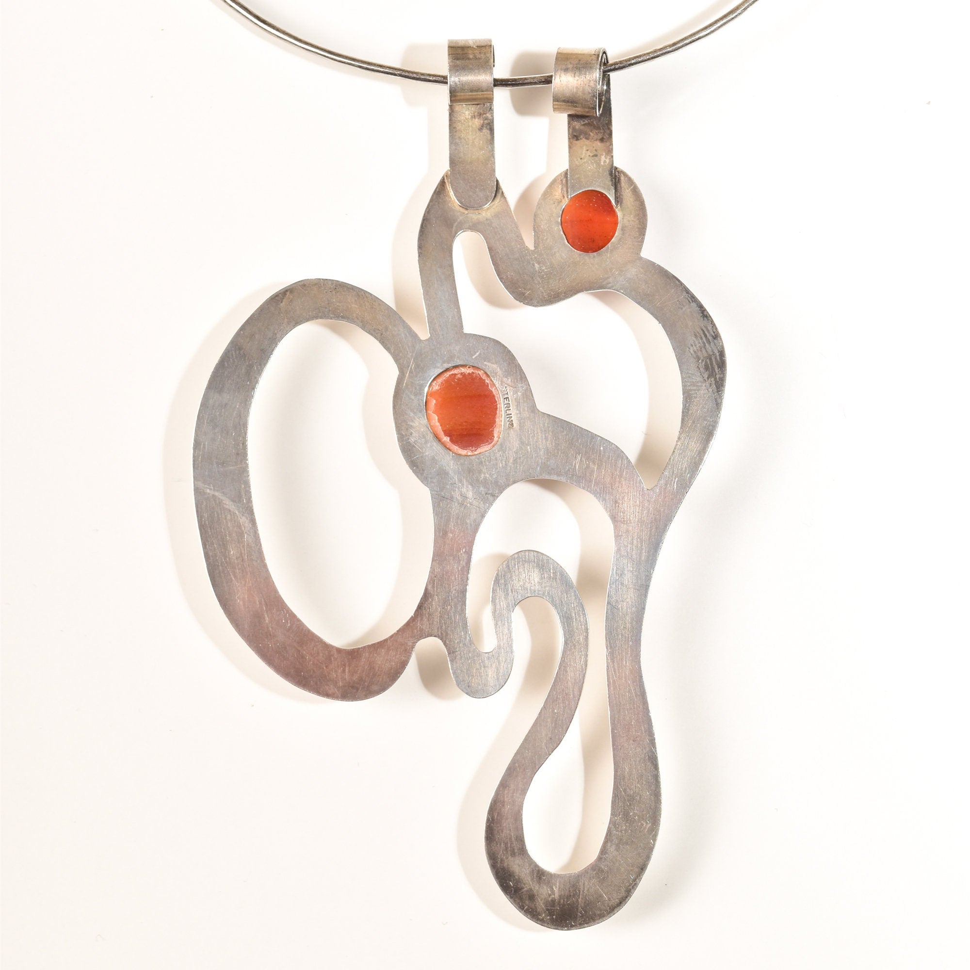Abstract Modernist Sterling Silver Amber Pendant Collar Necklace, Large Cutout Pendant, Flex Wire Collar, 14" L