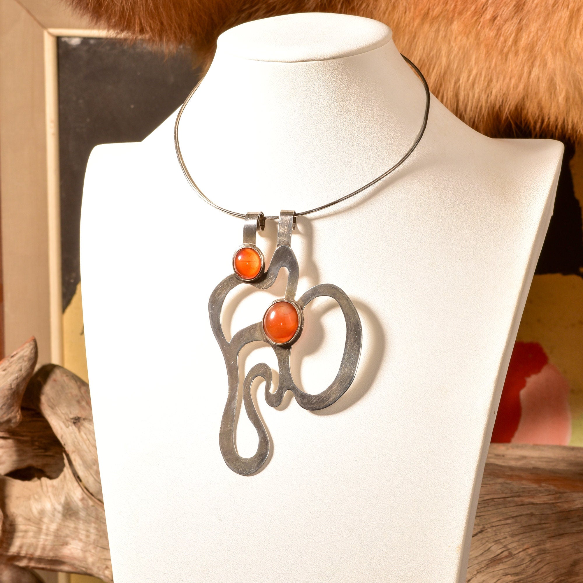 Abstract Modernist Sterling Silver Amber Pendant Collar Necklace, Large Cutout Pendant, Flex Wire Collar, 14" L