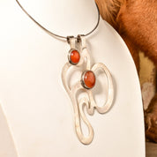 Abstract Modernist Sterling Silver Amber Pendant Collar Necklace, Large Cutout Pendant, Flex Wire Collar, 14" L