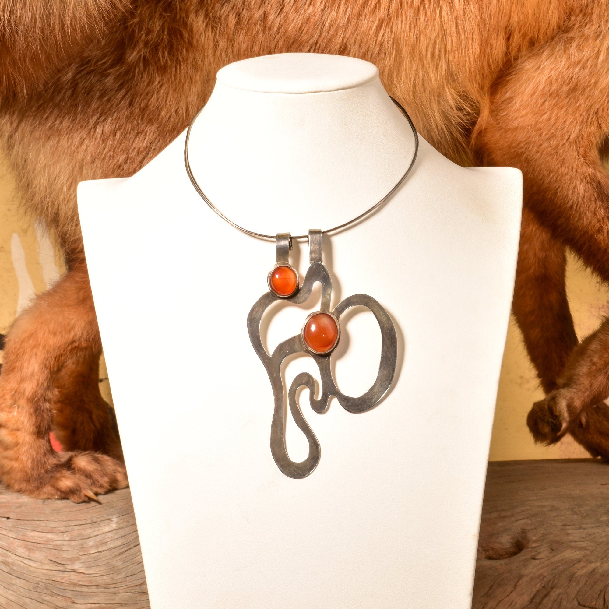 Abstract Modernist Sterling Silver Amber Pendant Collar Necklace, Large Cutout Pendant, Flex Wire Collar, 14" L