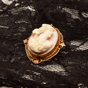 10K Pink Cameo Pendant Brooch Pin, Yellow Gold Filigree Setting, Floral Motifs, Estate Jewelry, 35mm