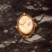 10K Pink Cameo Pendant Brooch Pin, Yellow Gold Filigree Setting, Floral Motifs, Estate Jewelry, 35mm