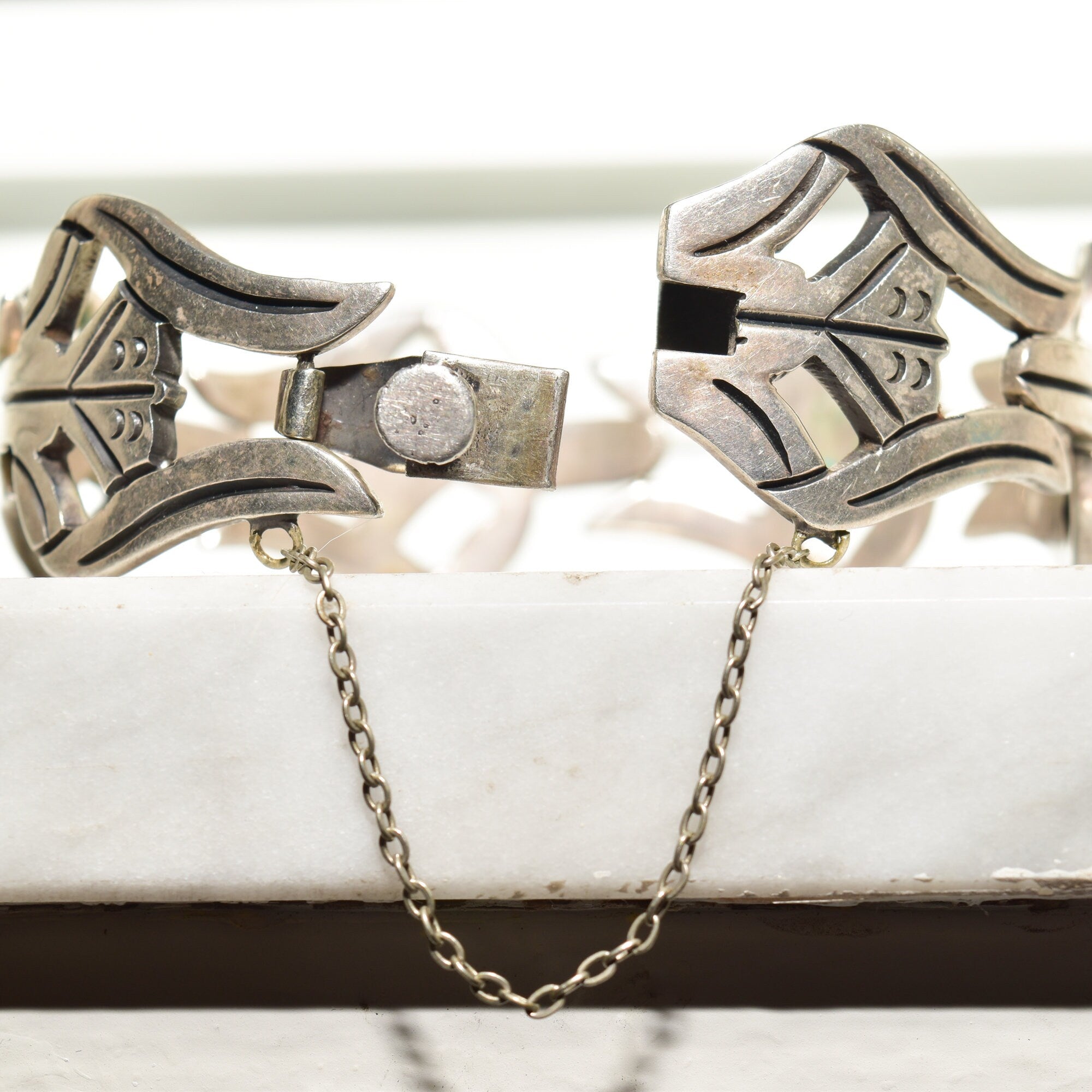 Modernist TAXCO Sterling Silver Link Bracelet By Pedro Castillo, Abstract 925 Flower Link Cuff, 7" L