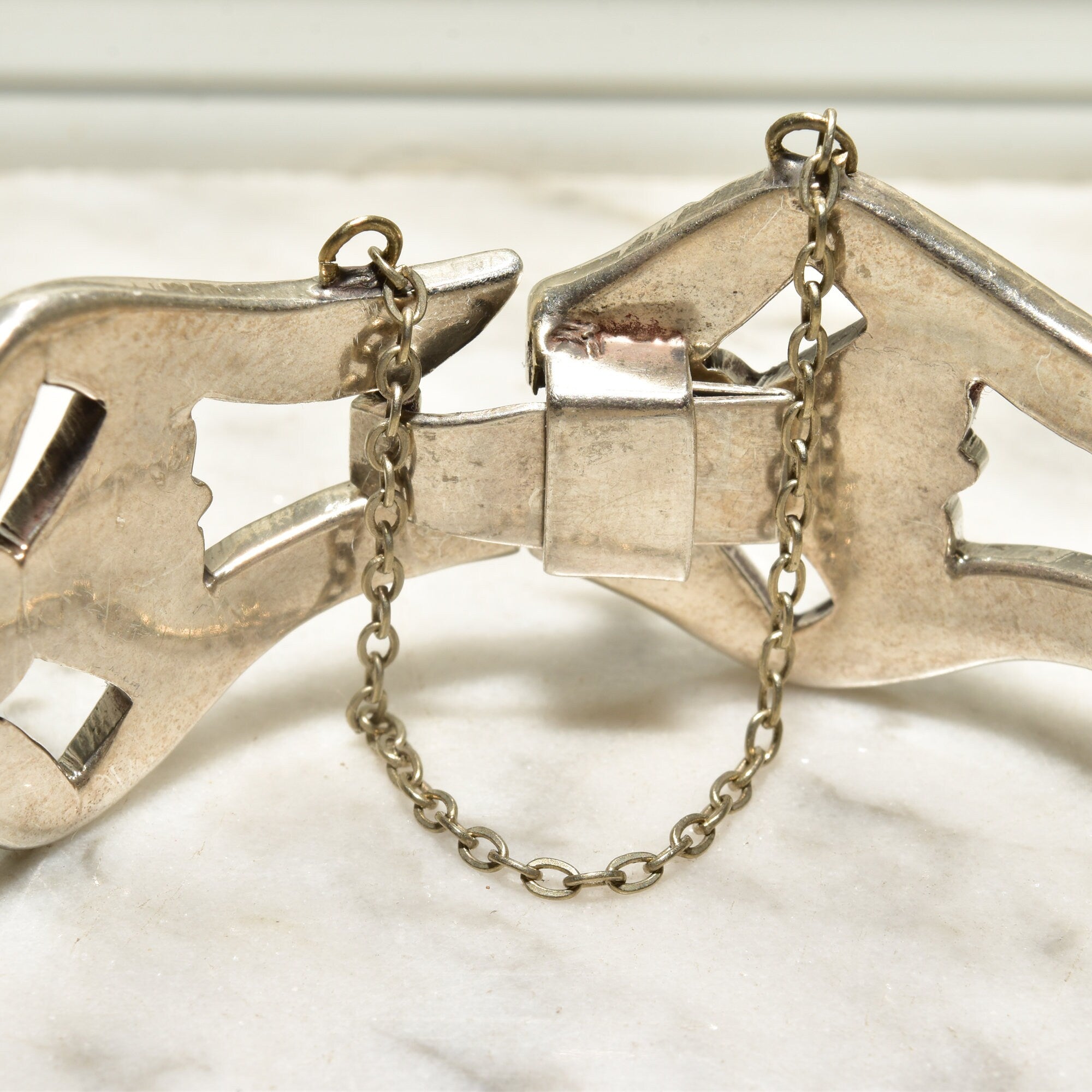 Modernist TAXCO Sterling Silver Link Bracelet By Pedro Castillo, Abstract 925 Flower Link Cuff, 7" L