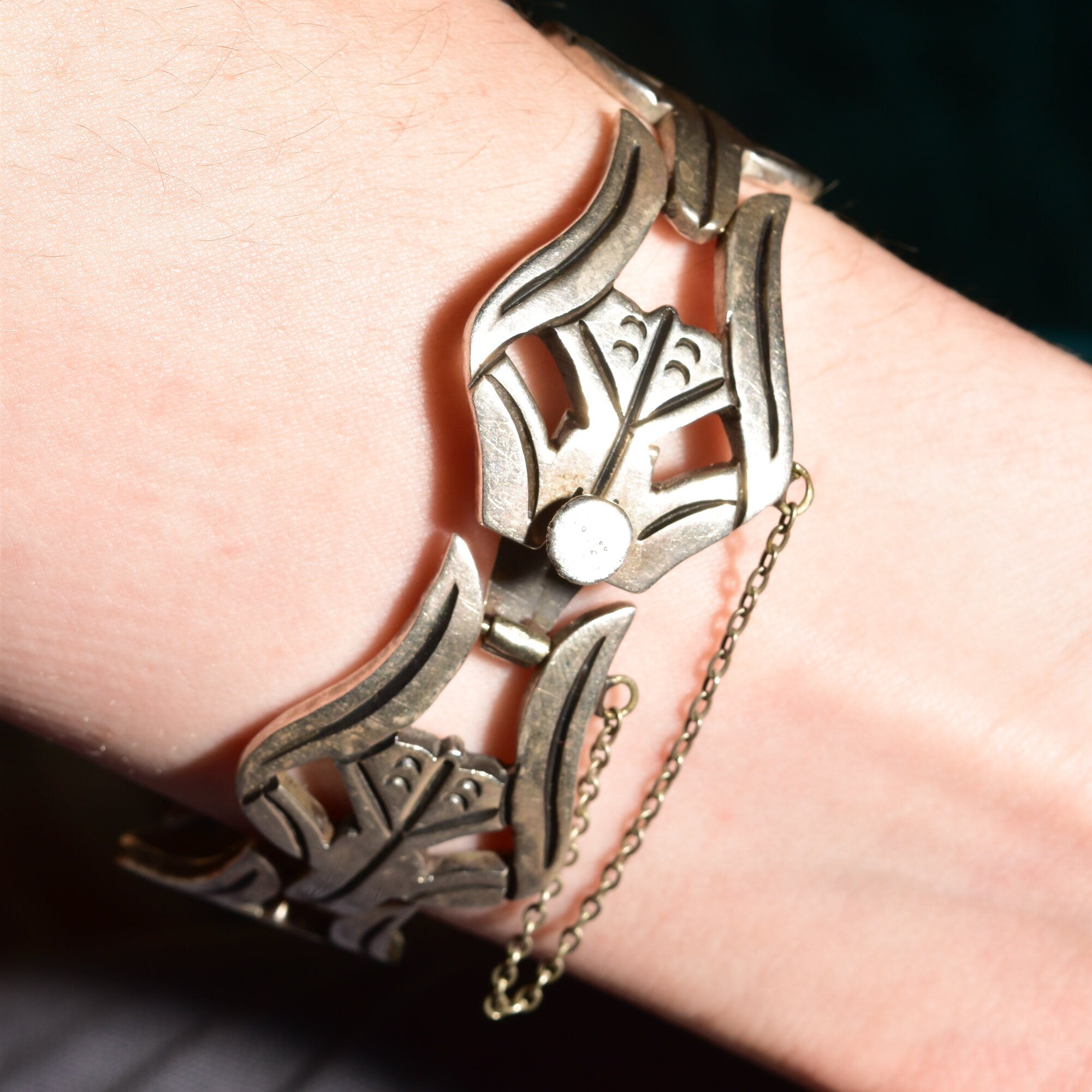 Modernist TAXCO Sterling Silver Link Bracelet By Pedro Castillo, Abstract 925 Flower Link Cuff, 7" L