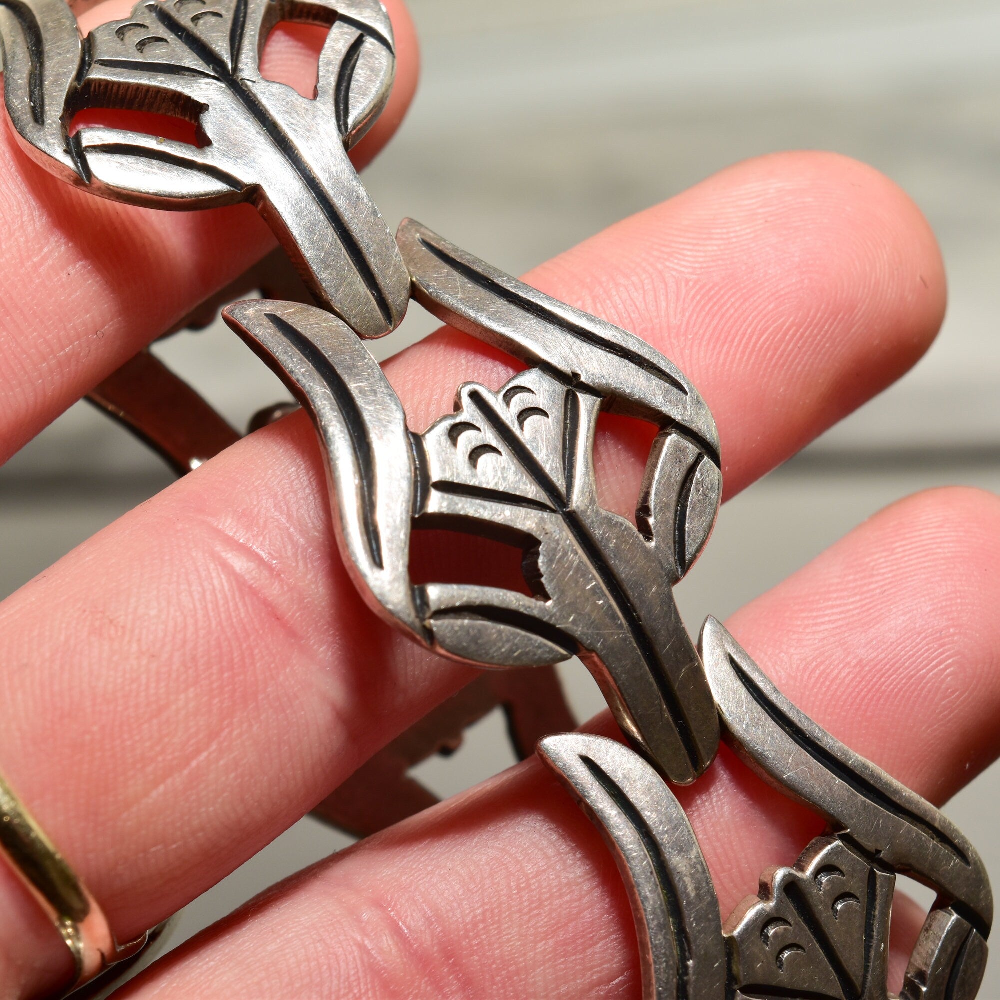 Modernist TAXCO Sterling Silver Link Bracelet By Pedro Castillo, Abstract 925 Flower Link Cuff, 7" L