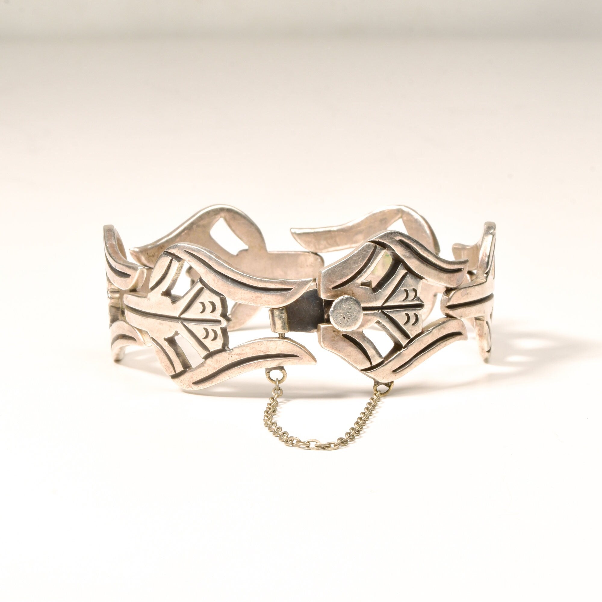 Modernist TAXCO Sterling Silver Link Bracelet By Pedro Castillo, Abstract 925 Flower Link Cuff, 7" L