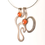 Abstract Modernist Sterling Silver Pendant Necklace, Large Cutout Cabochon Pendant, Flex Wire Collar, 14" L