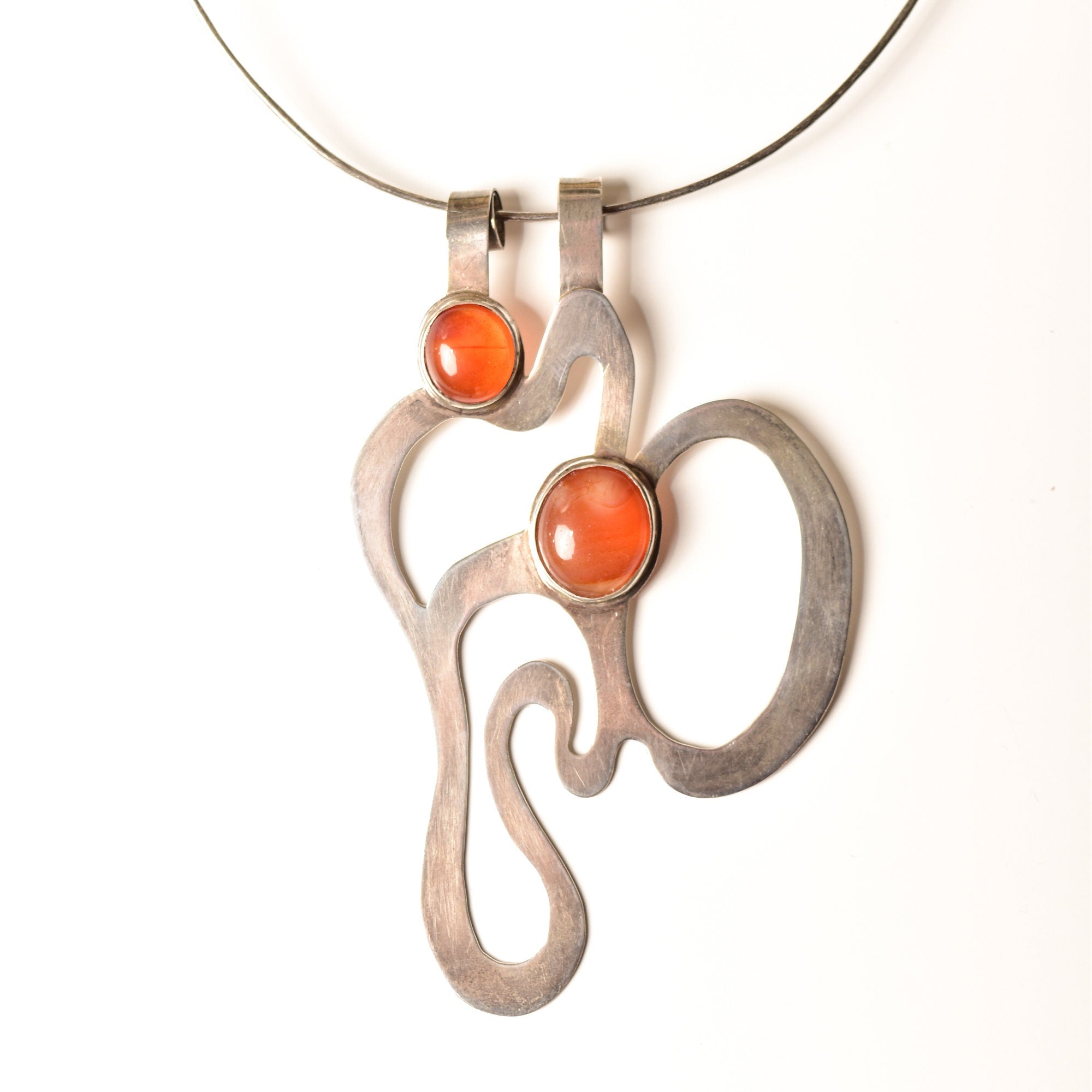 Abstract Modernist Sterling Silver Pendant Necklace, Large Cutout Cabochon Pendant, Flex Wire Collar, 14" L