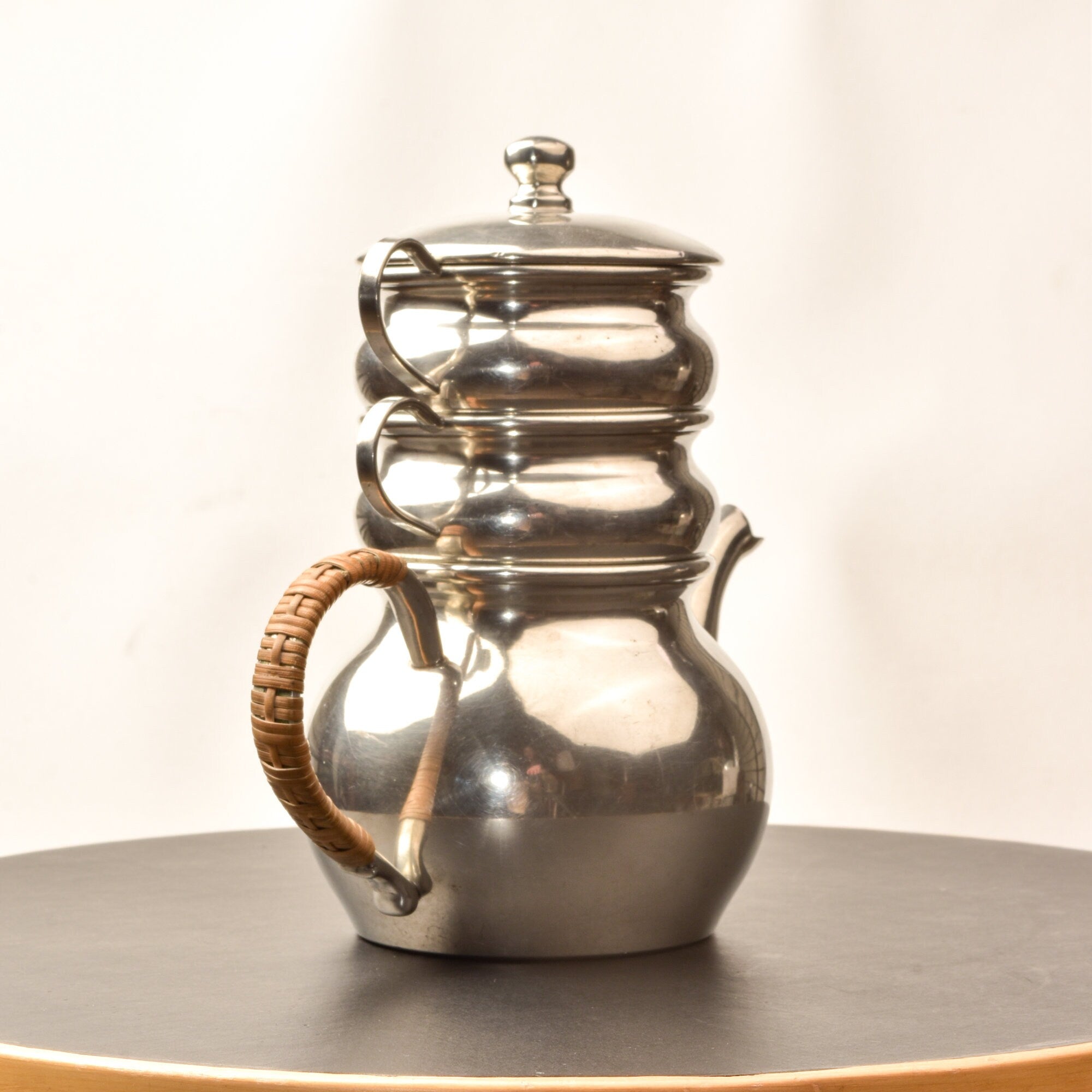 Queen Art Pewter Brooklyn Stacked Teapot Set #161, Single Service Teapot Creamer Sugar Bowl, Reed Handle, 6.6" H