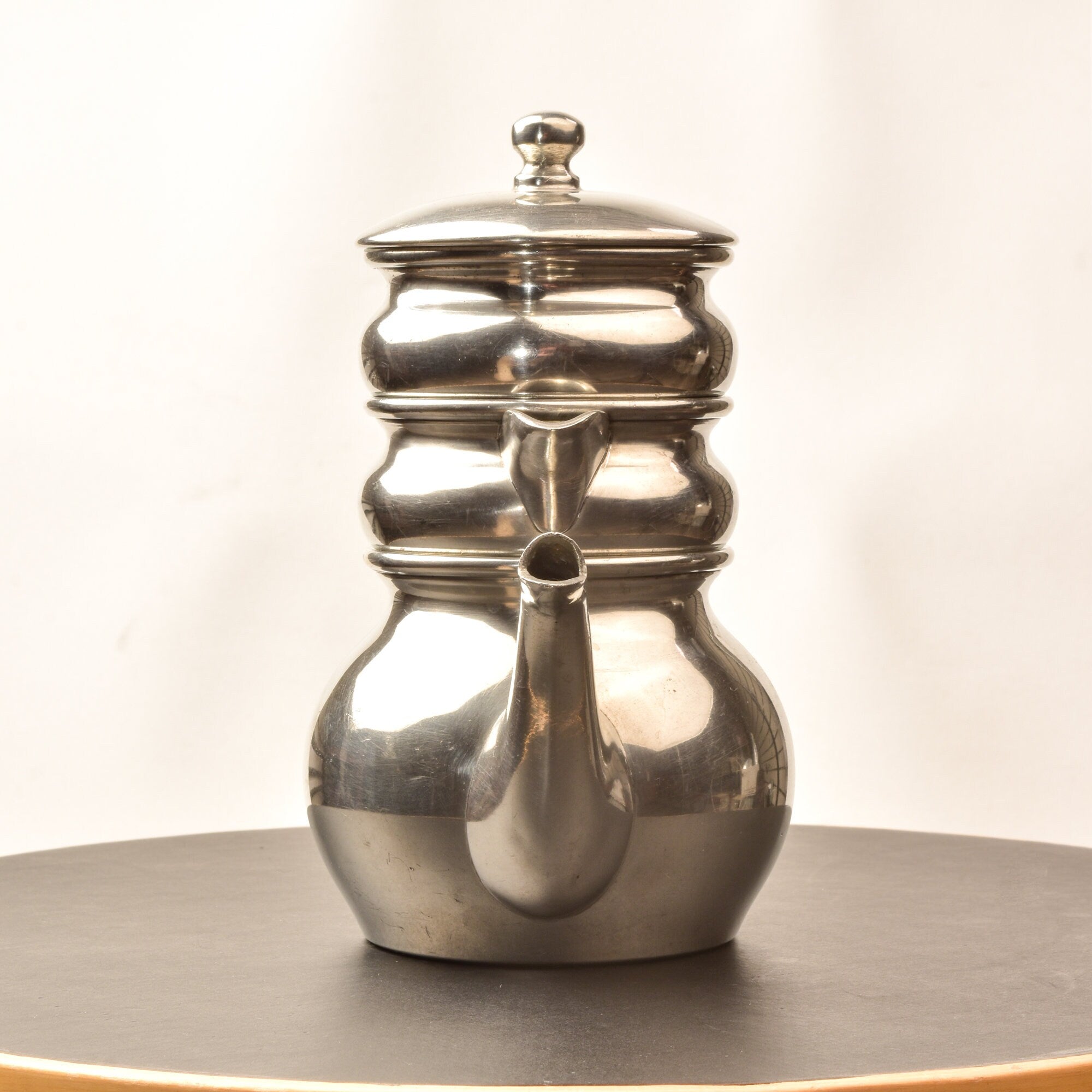 Queen Art Pewter Brooklyn Stacked Teapot Set #161, Single Service Teapot Creamer Sugar Bowl, Reed Handle, 6.6" H