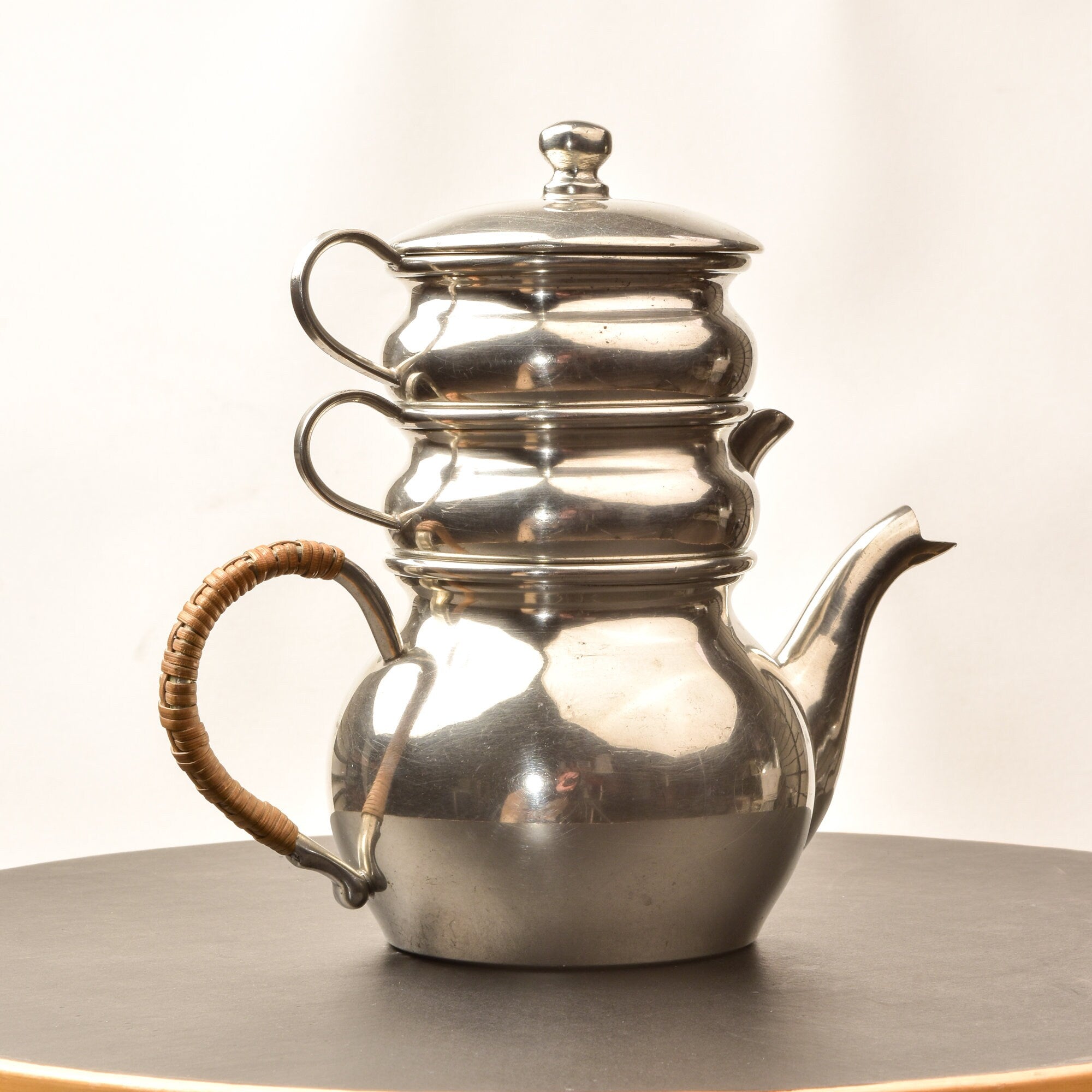 Queen Art Pewter Brooklyn Stacked Teapot Set #161, Single Service Teapot Creamer Sugar Bowl, Reed Handle, 6.6" H