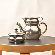 Queen Art Pewter Brooklyn Stacked Teapot Set #161, Single Service Teapot Creamer Sugar Bowl, Reed Handle, 6.6" H
