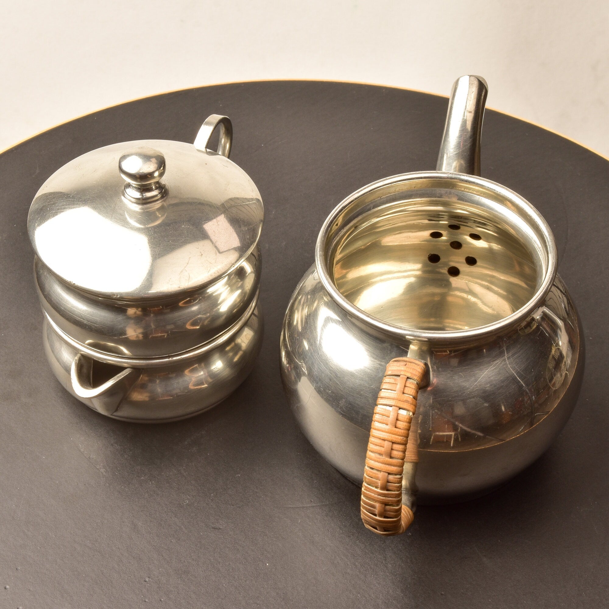 Queen Art Pewter Brooklyn Stacked Teapot Set #161, Single Service Teapot Creamer Sugar Bowl, Reed Handle, 6.6" H