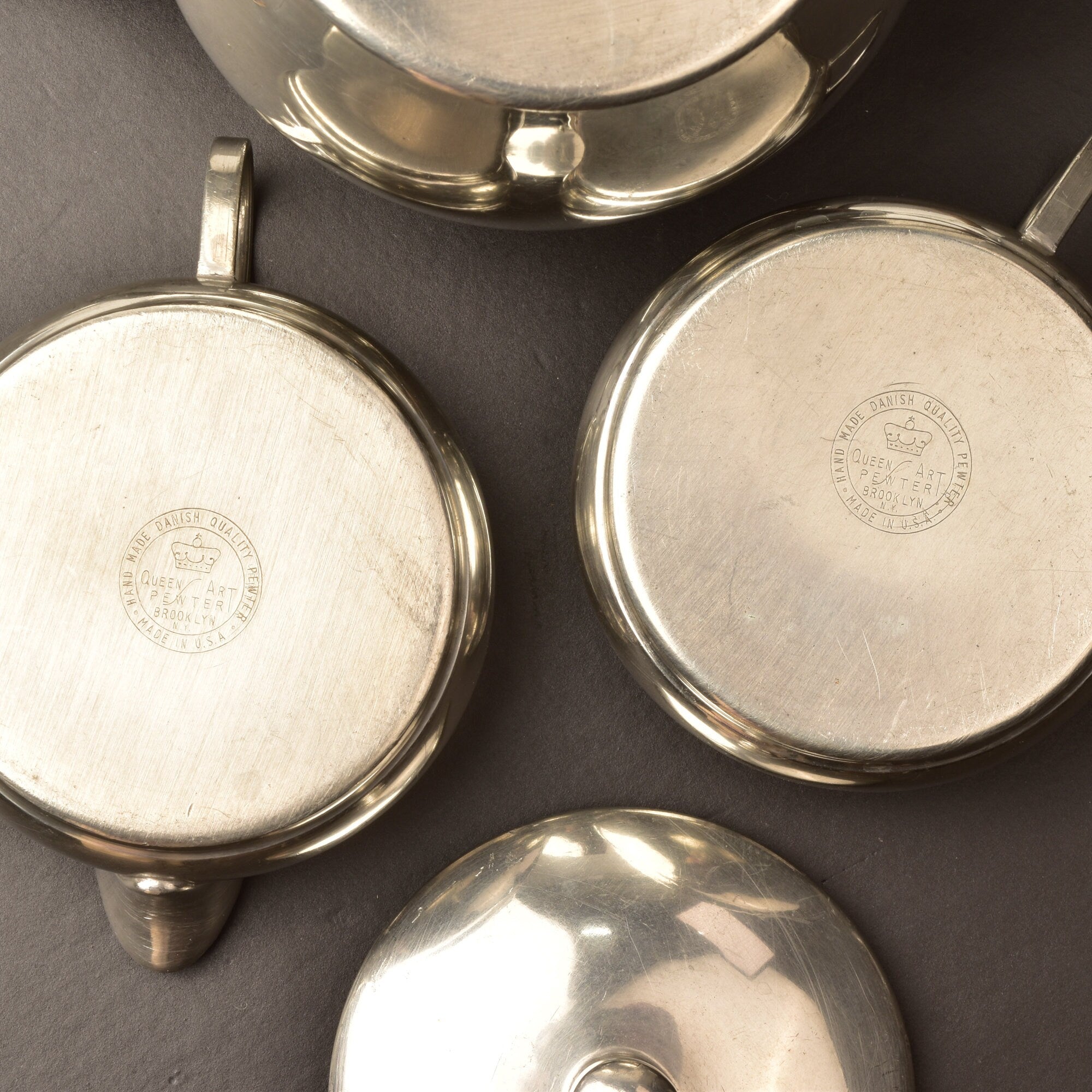 Queen Art Pewter Brooklyn Stacked Teapot Set #161, Single Service Teapot Creamer Sugar Bowl, Reed Handle, 6.6" H