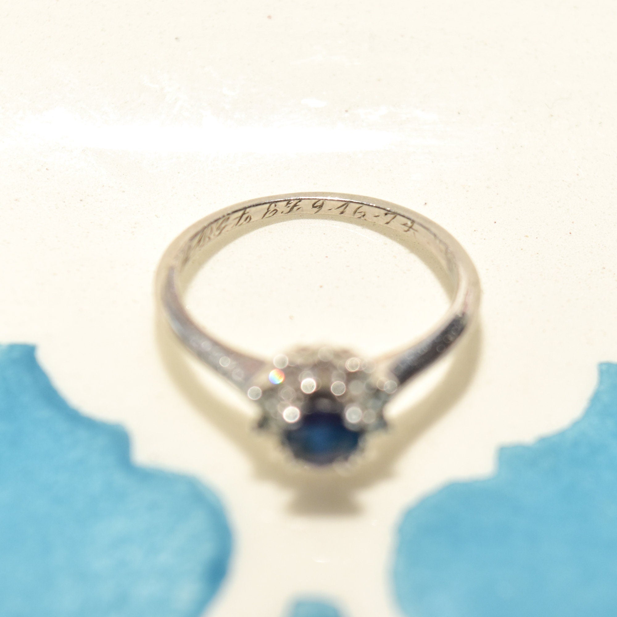 1970's Platinum Sapphire Diamond Halo Engagement Ring, Minimalist Gemstone Ring, Size 5 1/4 US