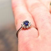 1970's Platinum Sapphire Diamond Halo Engagement Ring, Minimalist Gemstone Ring, Size 5 1/4 US