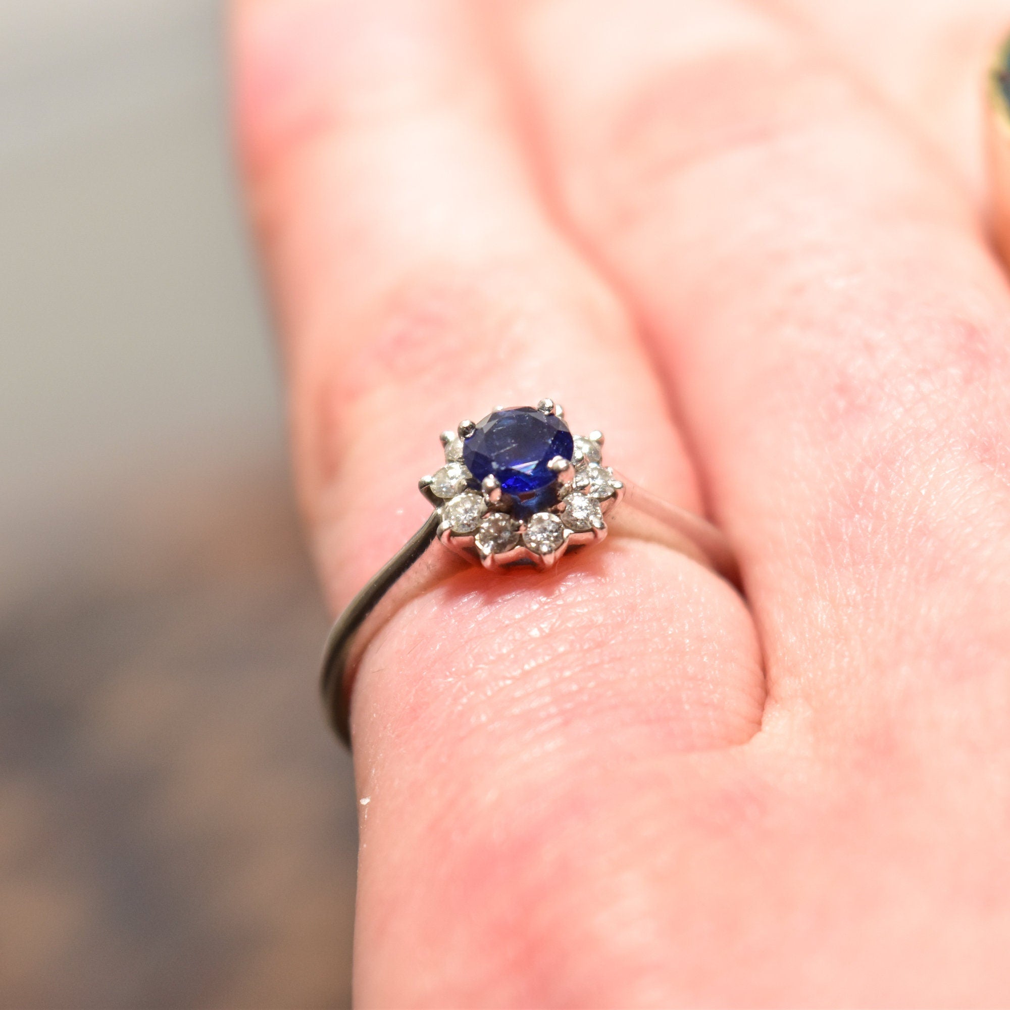 1970's Platinum Sapphire Diamond Halo Engagement Ring, Minimalist Gemstone Ring, Size 5 1/4 US