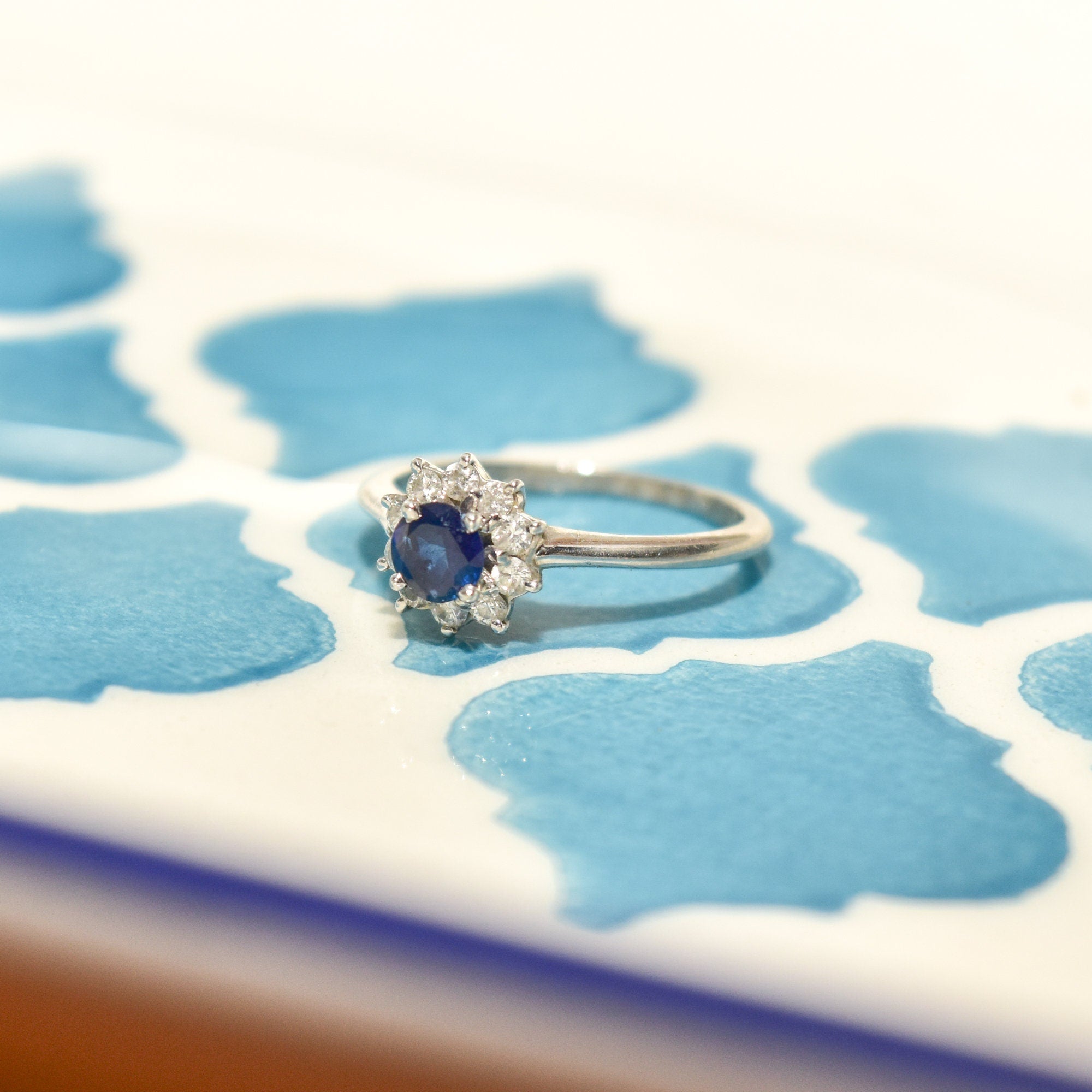 1970's Platinum Sapphire Diamond Halo Engagement Ring, Minimalist Gemstone Ring, Size 5 1/4 US