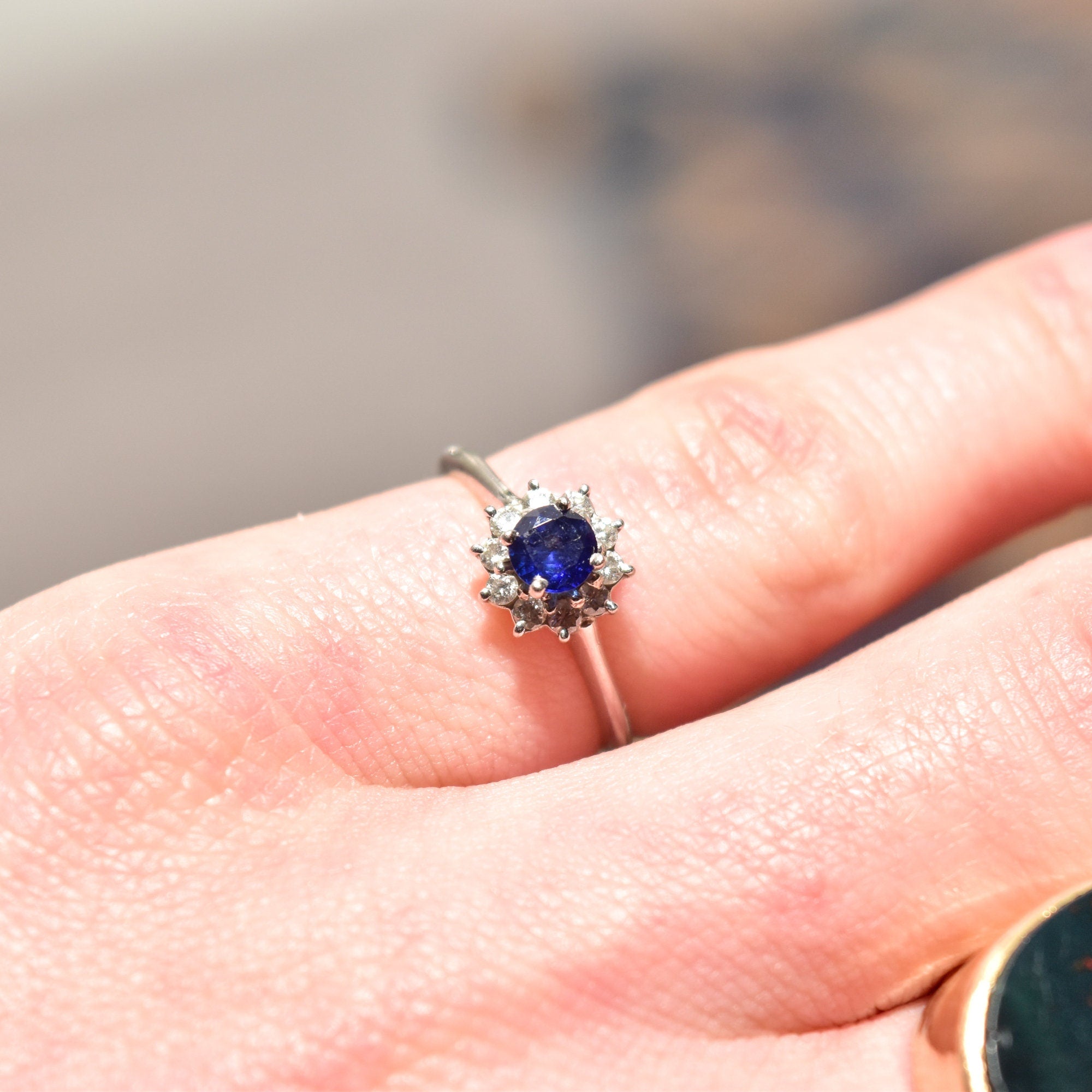 1970's Platinum Sapphire Diamond Halo Engagement Ring, Minimalist Gemstone Ring, Size 5 1/4 US