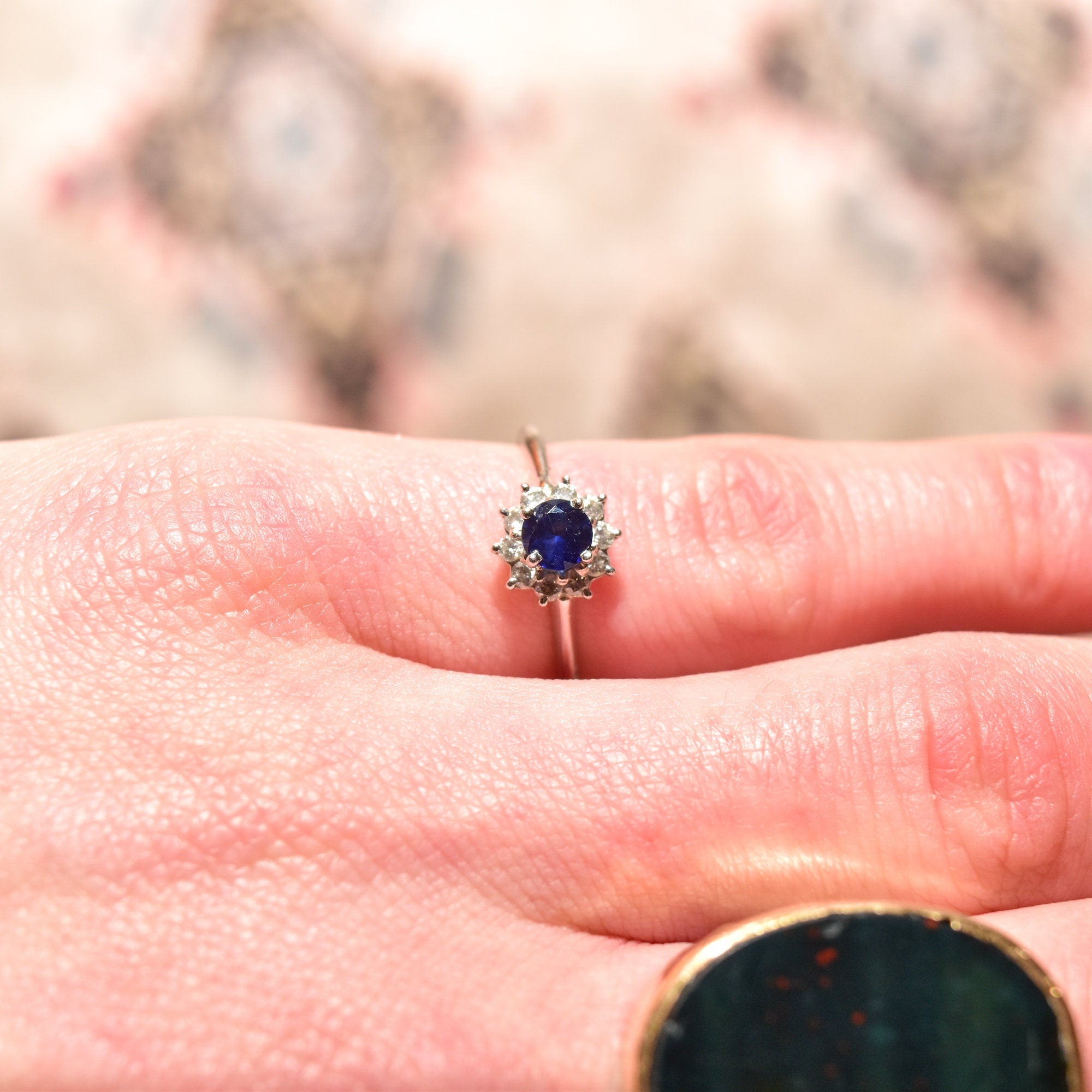 1970's Platinum Sapphire Diamond Halo Engagement Ring, Minimalist Gemstone Ring, Size 5 1/4 US
