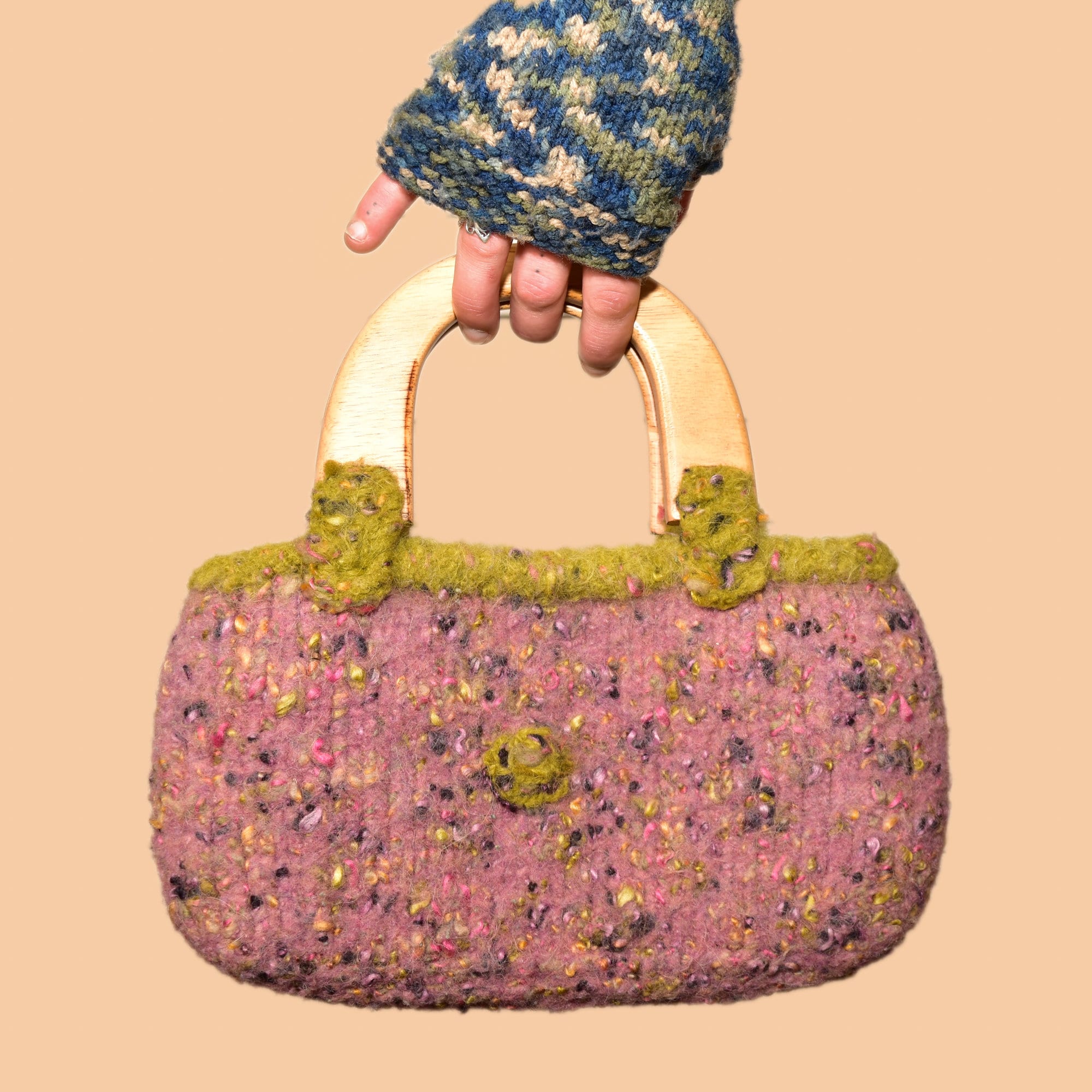 Handmade Knit Bag With Wooden Top Handles, Variegated Purple & Green Yarn, Floral Fabric Lining, 11" L