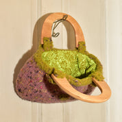 Handmade Knit Bag With Wooden Top Handles, Variegated Purple & Green Yarn, Floral Fabric Lining, 11" L