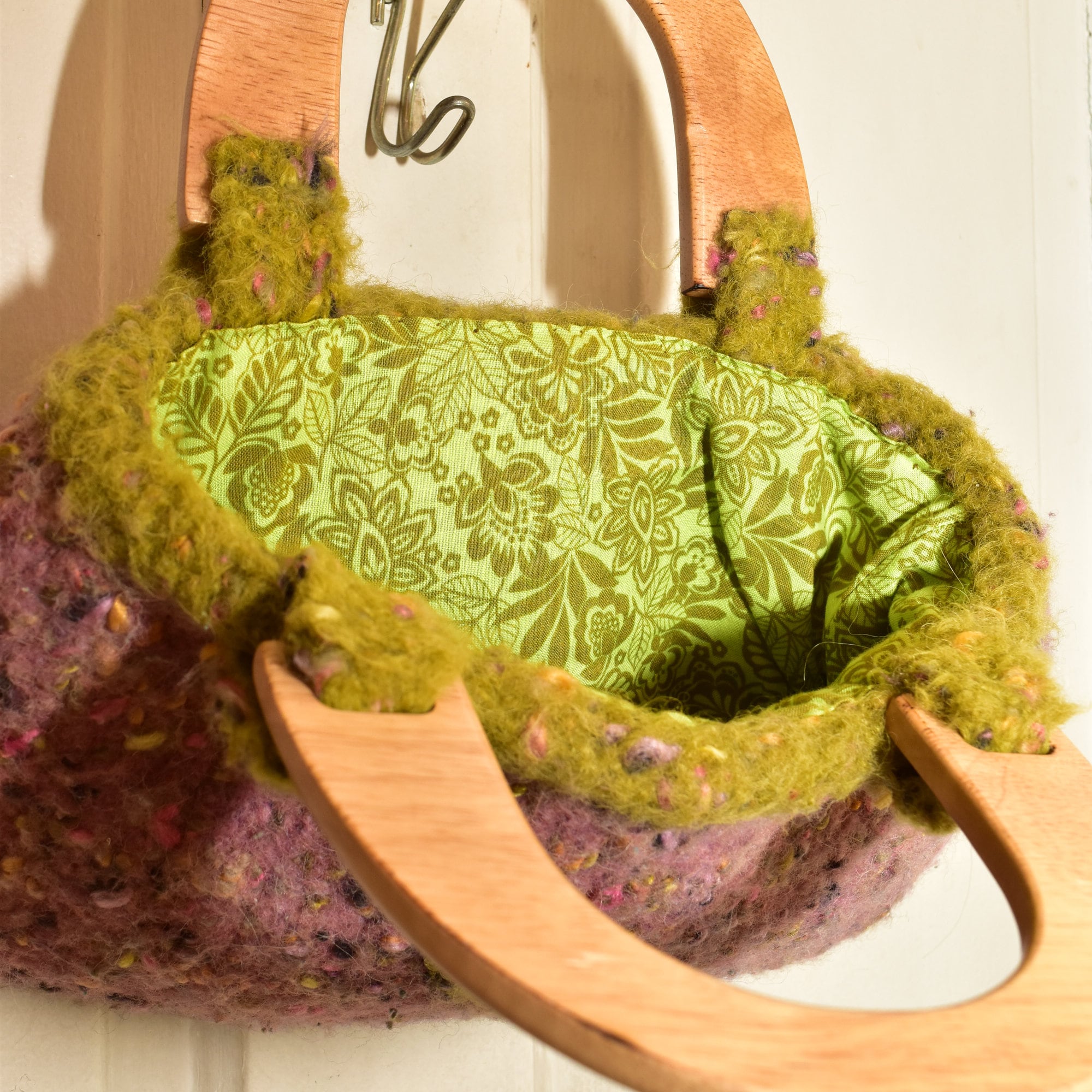 Handmade Knit Bag With Wooden Top Handles, Variegated Purple & Green Yarn, Floral Fabric Lining, 11" L