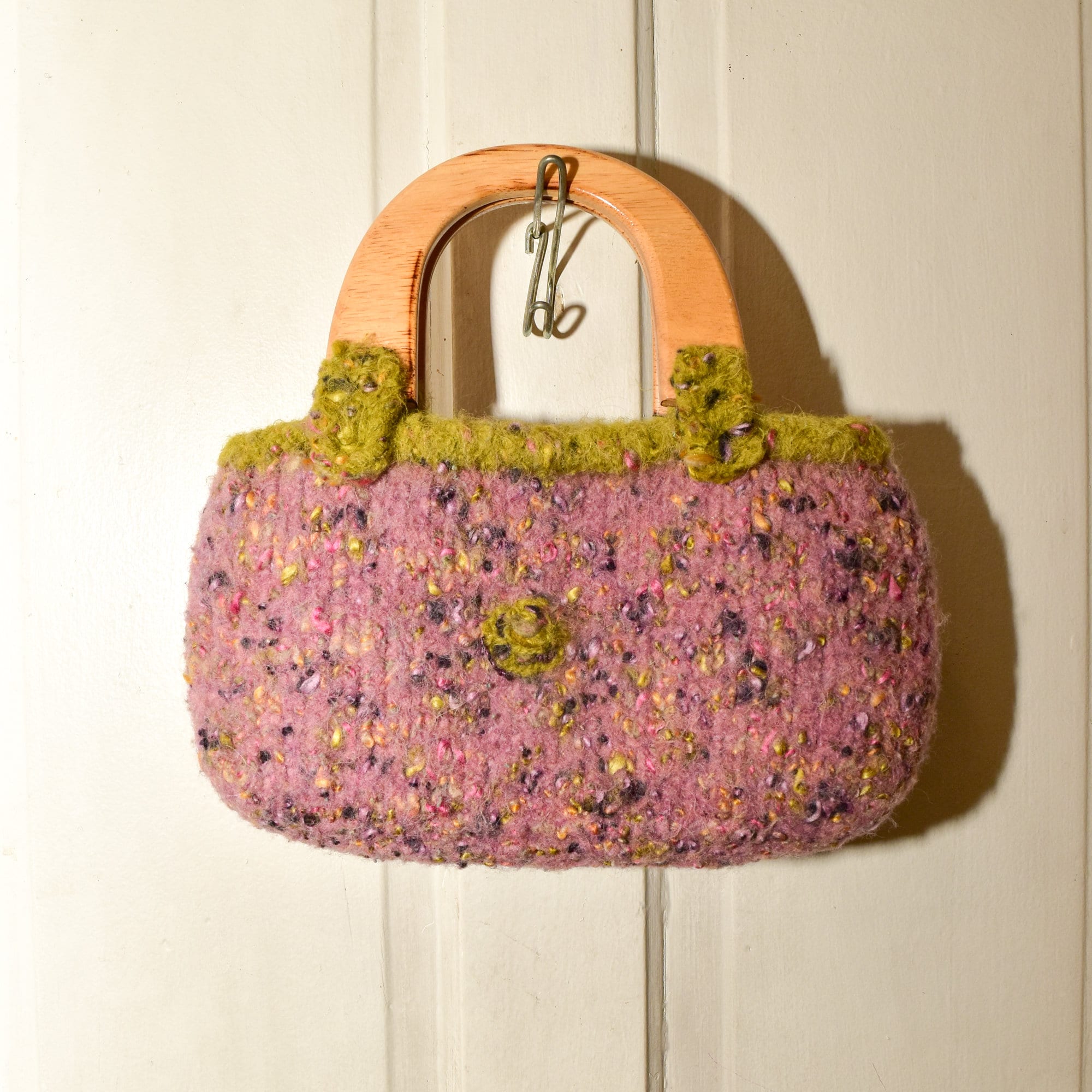 Handmade Knit Bag With Wooden Top Handles, Variegated Purple & Green Yarn, Floral Fabric Lining, 11" L