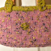 Handmade Knit Bag With Wooden Top Handles, Variegated Purple & Green Yarn, Floral Fabric Lining, 11" L