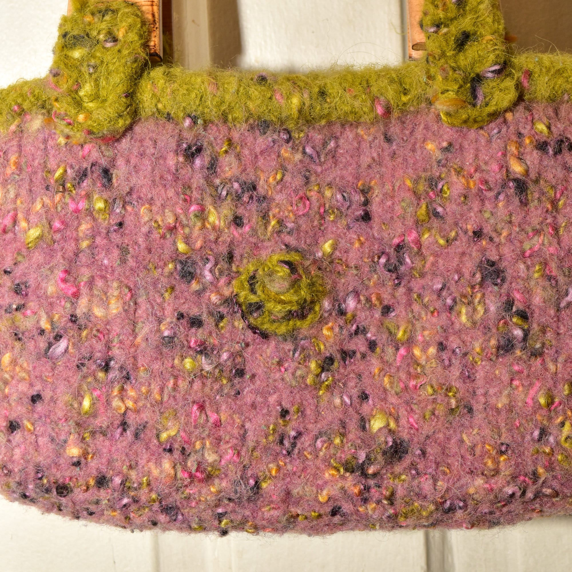 Handmade Knit Bag With Wooden Top Handles, Variegated Purple & Green Yarn, Floral Fabric Lining, 11" L