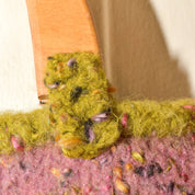 Handmade Knit Bag With Wooden Top Handles, Variegated Purple & Green Yarn, Floral Fabric Lining, 11" L