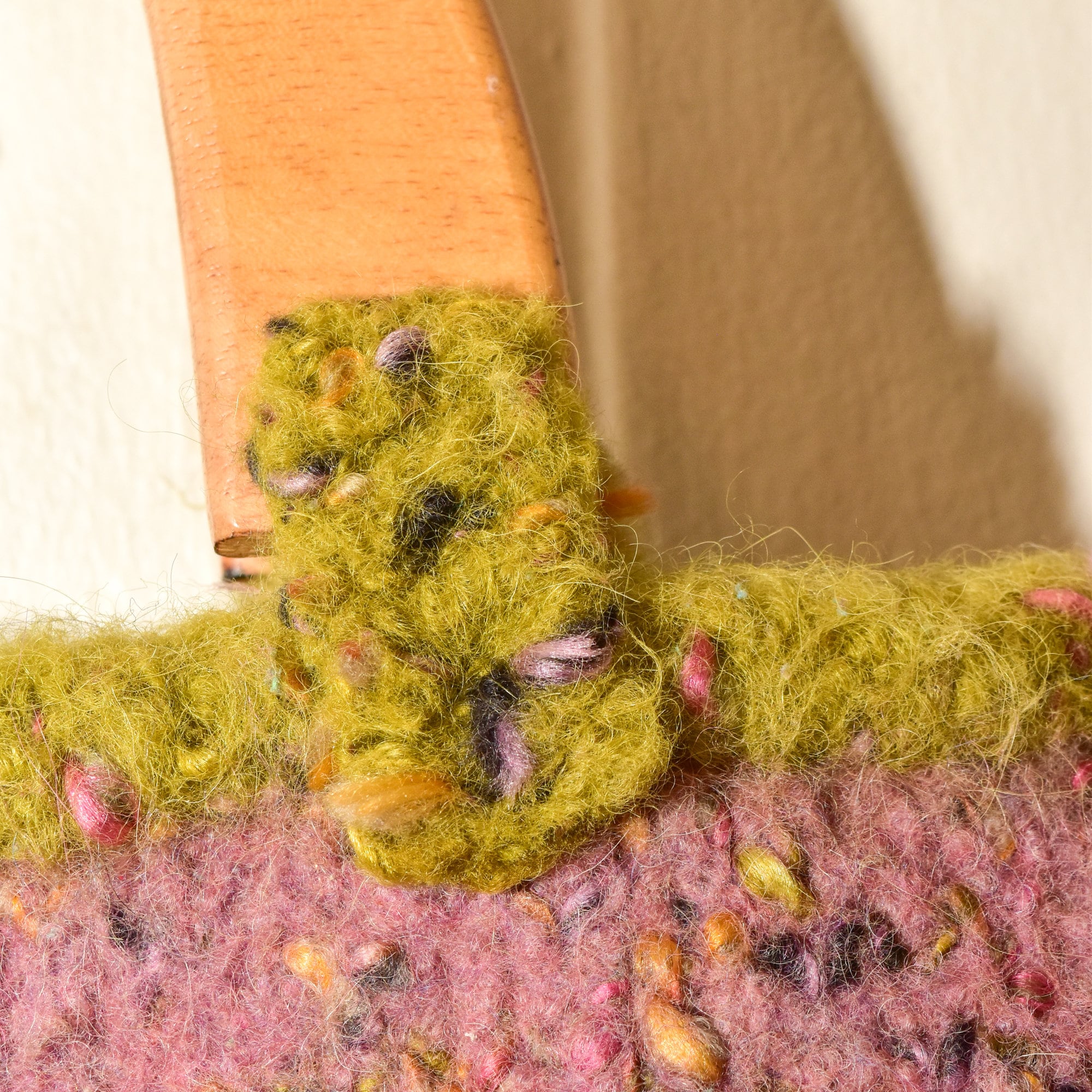 Handmade Knit Bag With Wooden Top Handles, Variegated Purple & Green Yarn, Floral Fabric Lining, 11" L