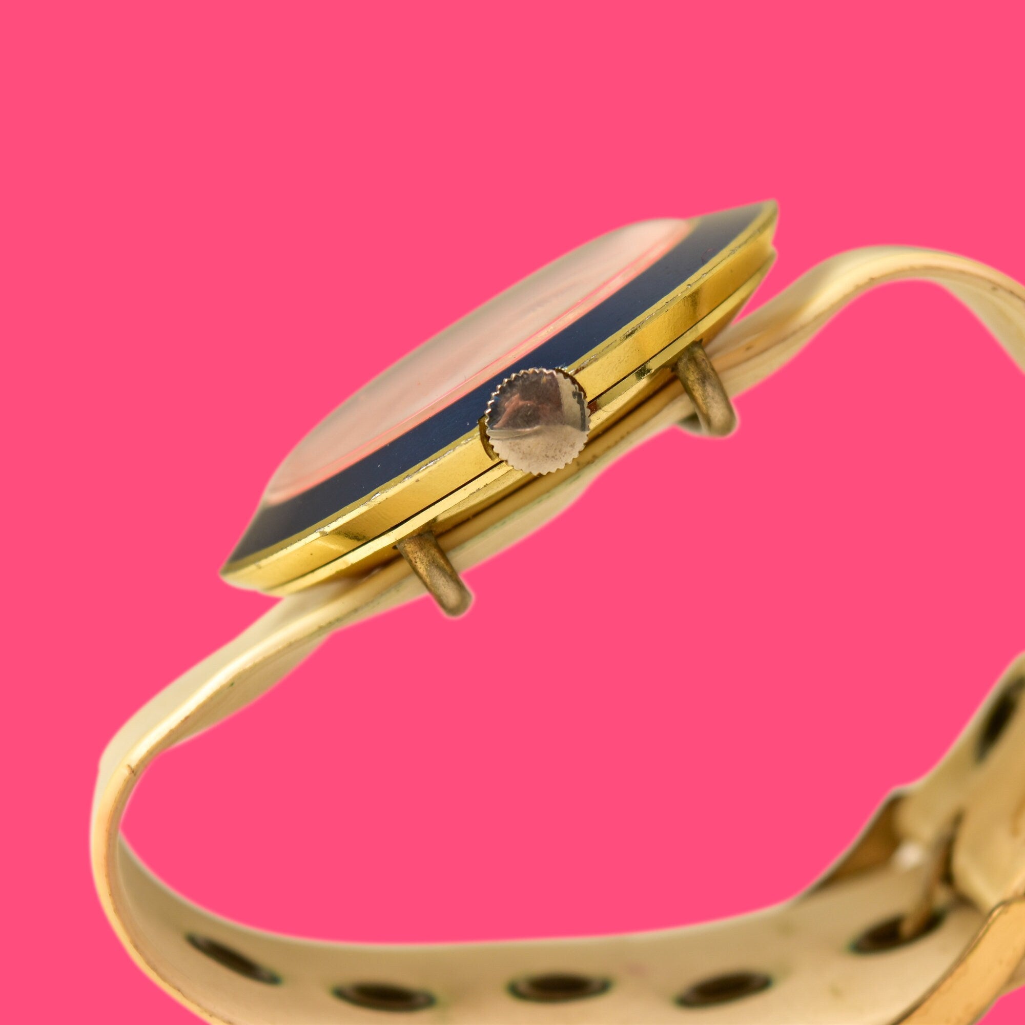 Mod 1967 Old England Pink Blue & Beige Ladies Watch, Adjustable Vinyl Band, Working Condition